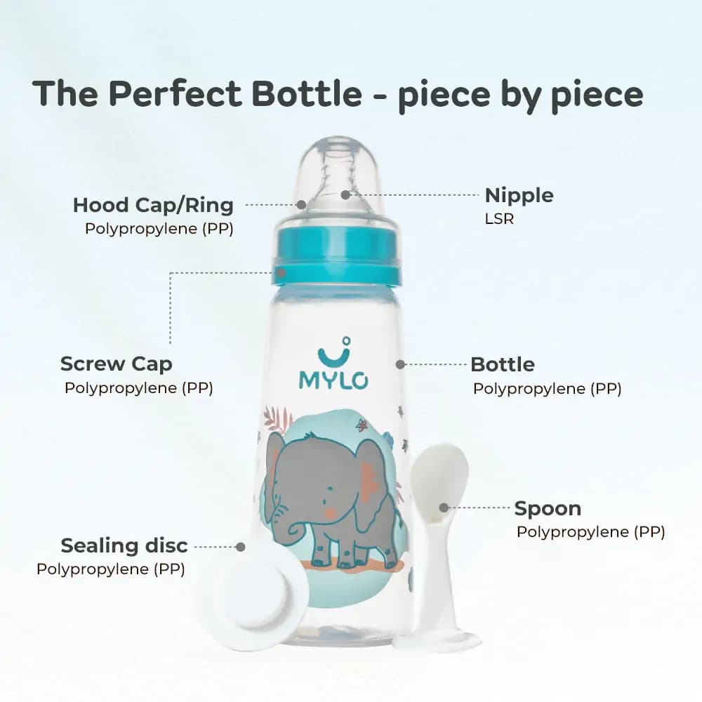 2-in-1 Baby Feeding Bottle | BPA Free with Anti-Colic Nipple & Spoon | Easy Flow Neck Design - Green & Elephant 125ml & 250ml