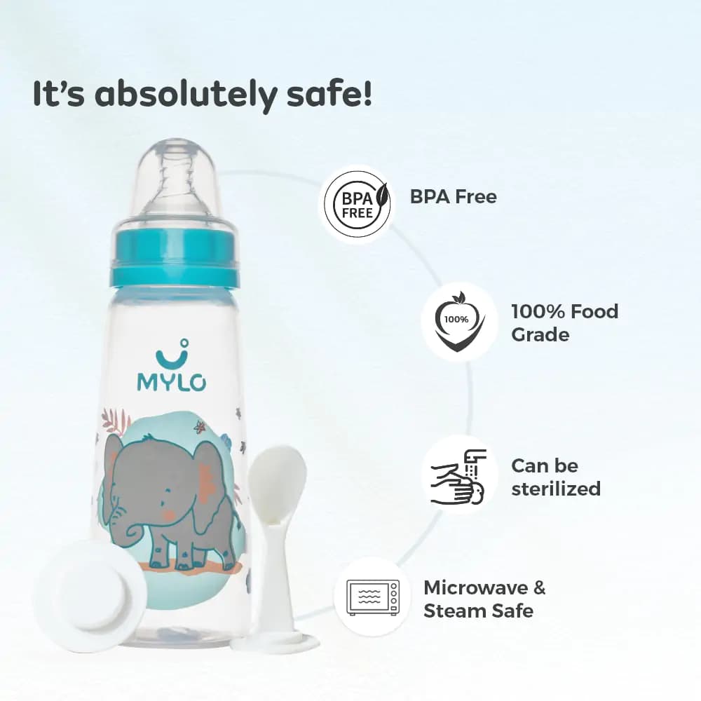 2-in-1 Baby Feeding Bottle | BPA Free with Anti-Colic Nipple & Spoon | Easy Flow Neck Design - Green & Elephant 125ml & 250ml