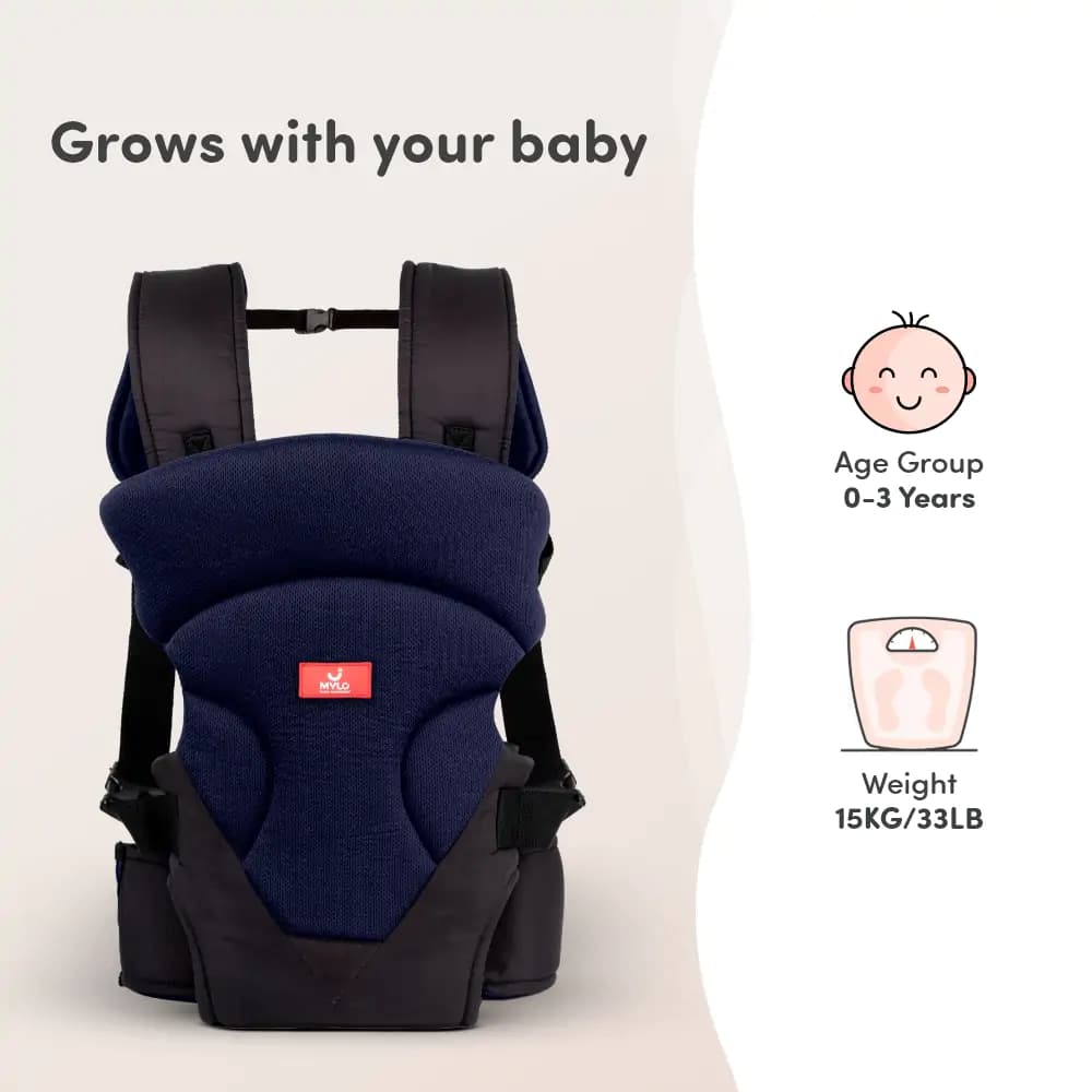 Baby Carrier Bag for 0 to 3 Years with 4 Comfortable Carrying Positions | Lightweight & Travel Friendly | Padded Neck & Shoulder Support - Blue & Black