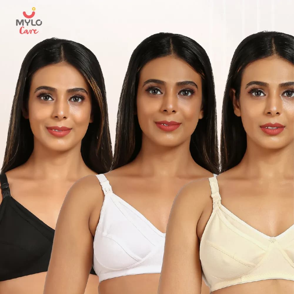 Non-Wired Non-Padded Maternity Bra - Classic Black, Classic White, Magnolia Cream 32B (Pack of 3)