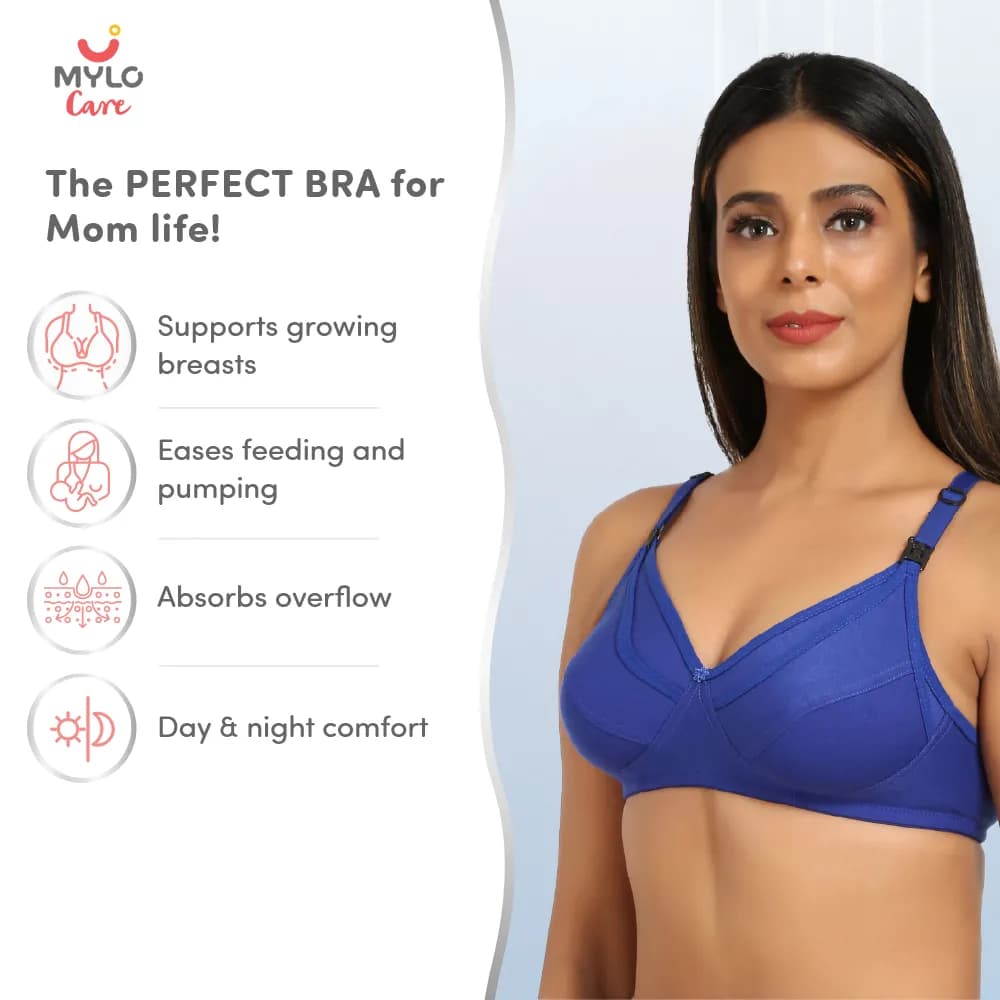 32B- Non-Wired Non-Padded Maternity Bra/Feeding Bra with Free Bra Extender | Supports Growing Breasts | Eases Pumping & Feeding | Persian Blue