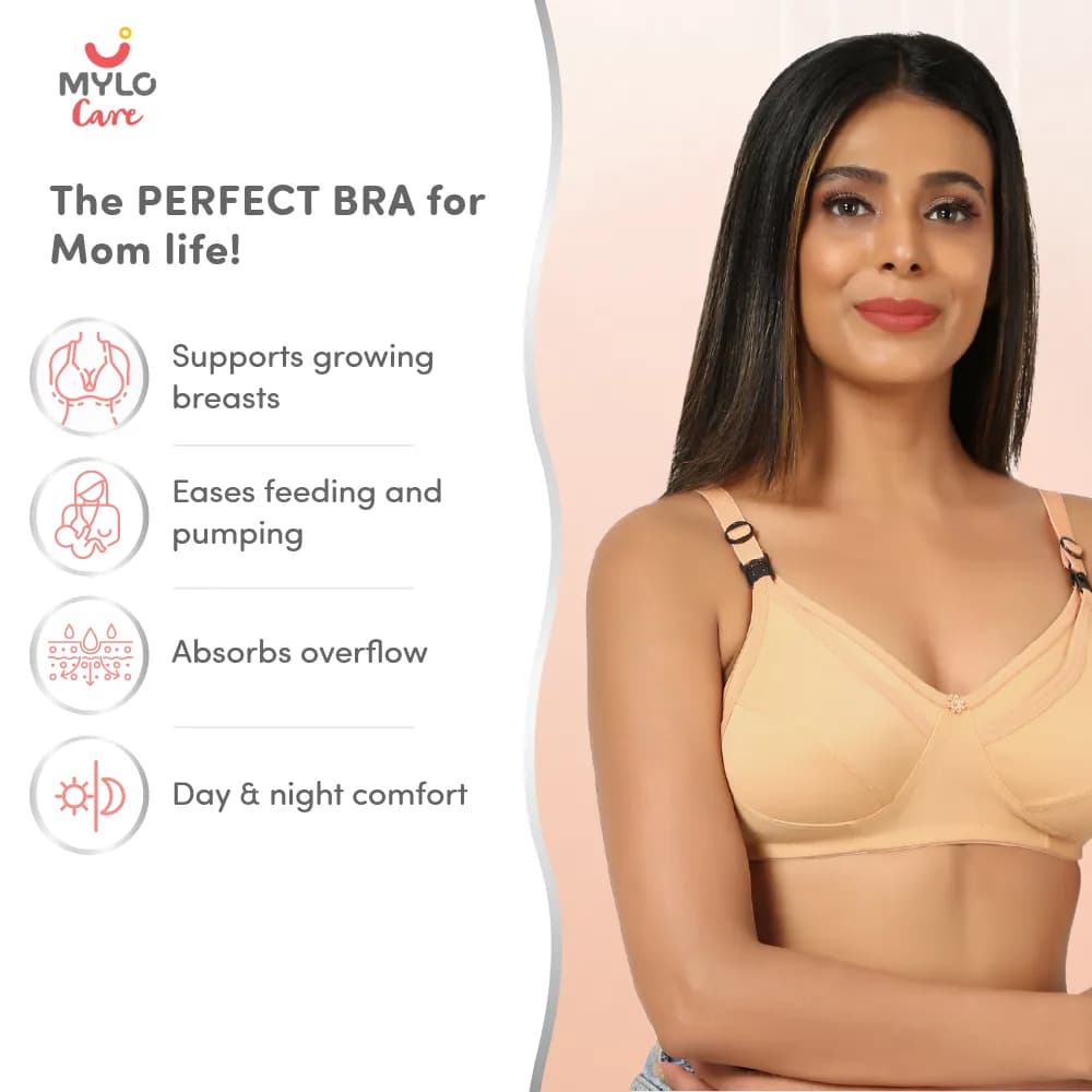 32B- Non-Wired Non-Padded Maternity Bra/Feeding Bra with Free Bra Extender | Supports Growing Breasts | Eases Pumping & Feeding | Sandalwood