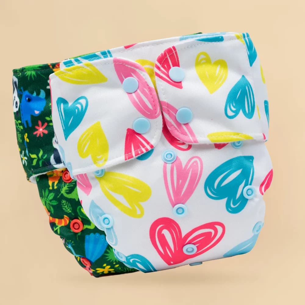 Adjustable & Reusable Cloth Diaper - Heart Doodles & Jungle - Pack of 2