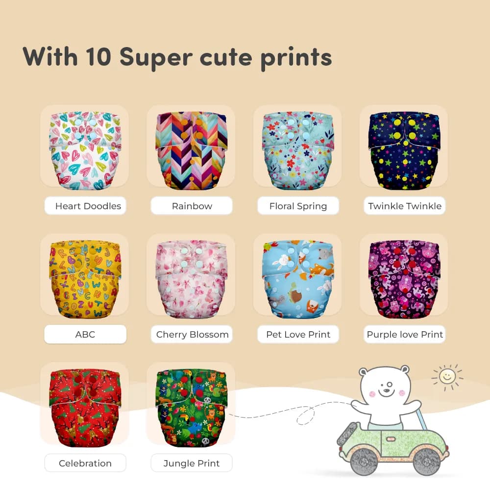 Adjustable & Reusable Cloth Diaper - Heart Doodles & Jungle - Pack of 2