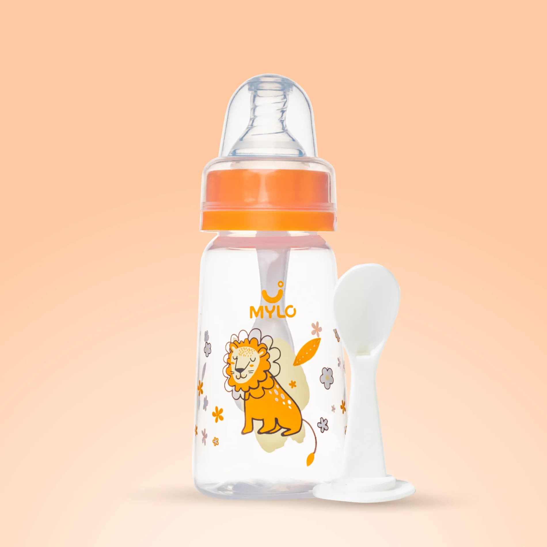 2-in-1 Baby Feeding Sipper Bottle | BPA Free with Anti-Colic Nipple & Spoon | Feels Natural Baby Bottle | Easy Flow Neck Design - Lion 125ml