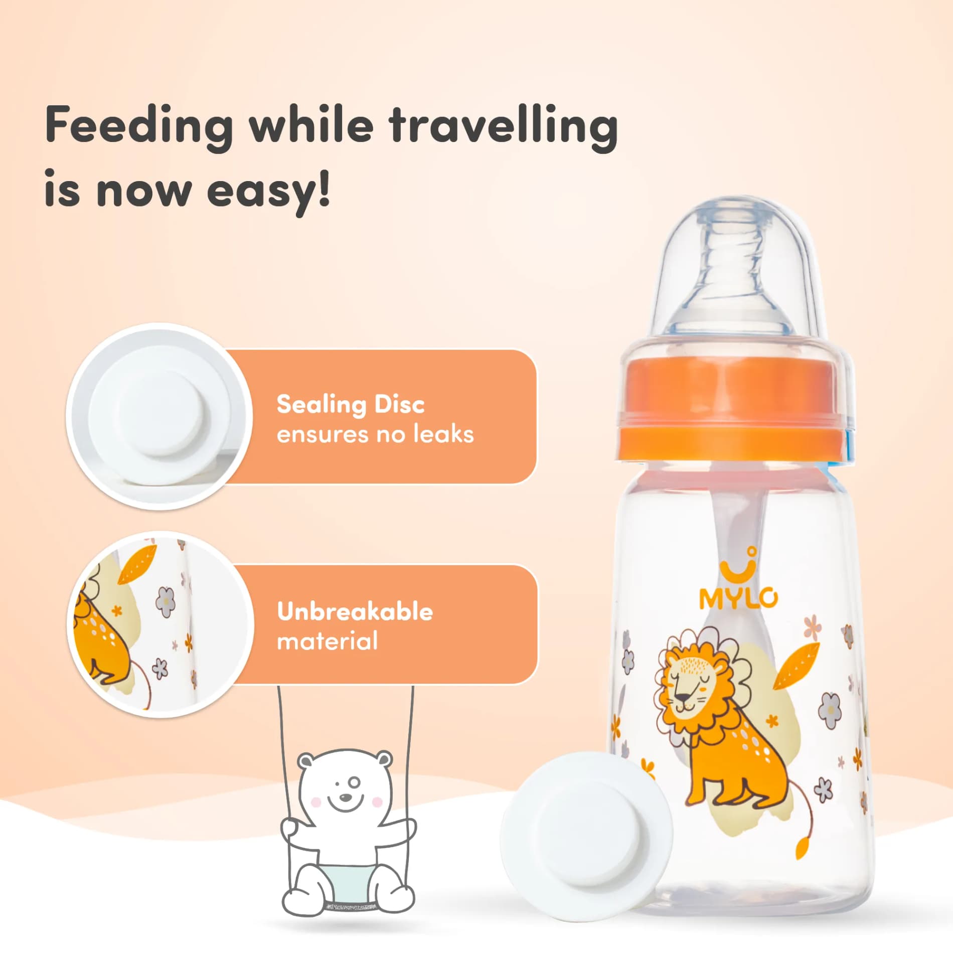 2-in-1 Baby Feeding Sipper Bottle | BPA Free with Anti-Colic Nipple & Spoon | Feels Natural Baby Bottle | Easy Flow Neck Design - Lion 125ml