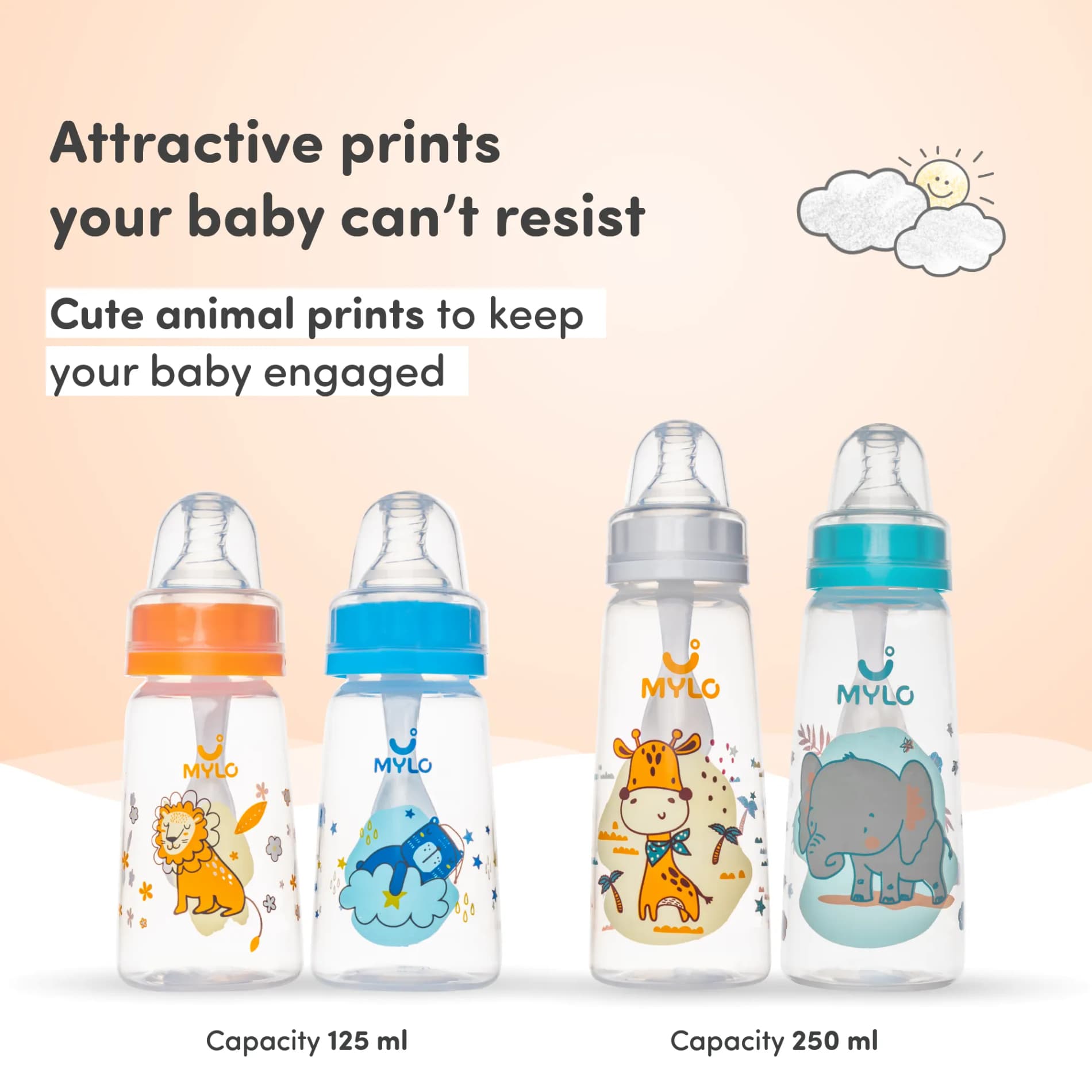 2-in-1 Baby Feeding Sipper Bottle | BPA Free with Anti-Colic Nipple & Spoon | Feels Natural Baby Bottle | Easy Flow Neck Design - Lion 125ml