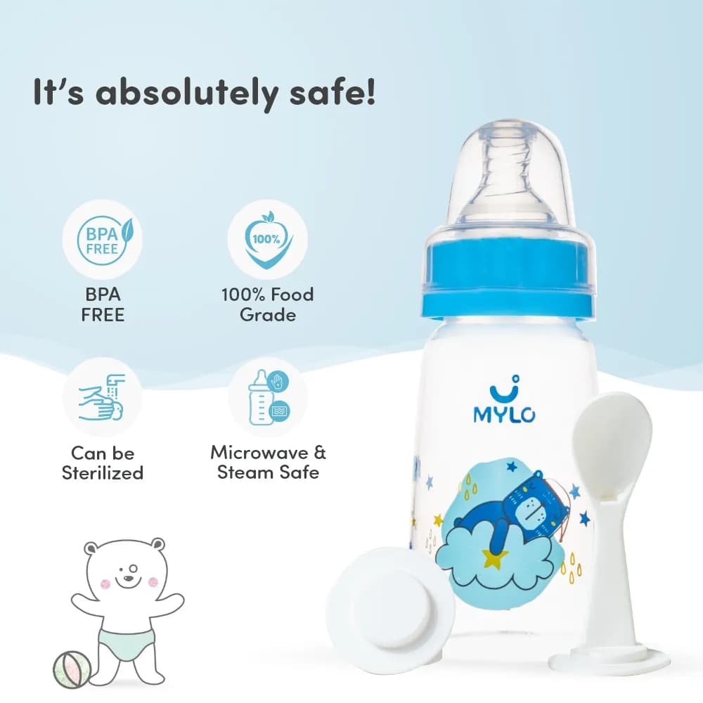 2-in-1 Baby Feeding Bottle | BPA Free with Anti-Colic Nipple & Spoon | Feels Natural Baby Bottle | Easy Flow Neck Design - Bear 125ml