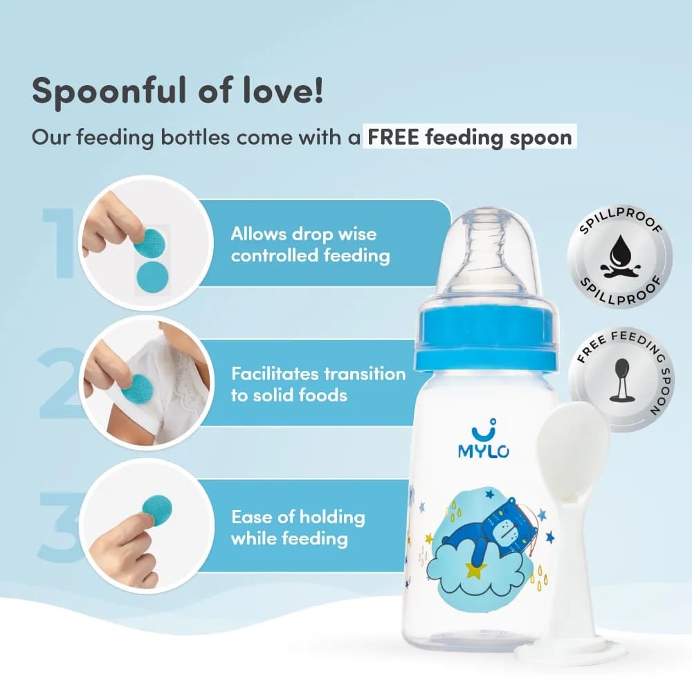 2-in-1 Baby Feeding Bottle | BPA Free with Anti-Colic Nipple & Spoon | Feels Natural Baby Bottle | Easy Flow Neck Design - Bear 125ml