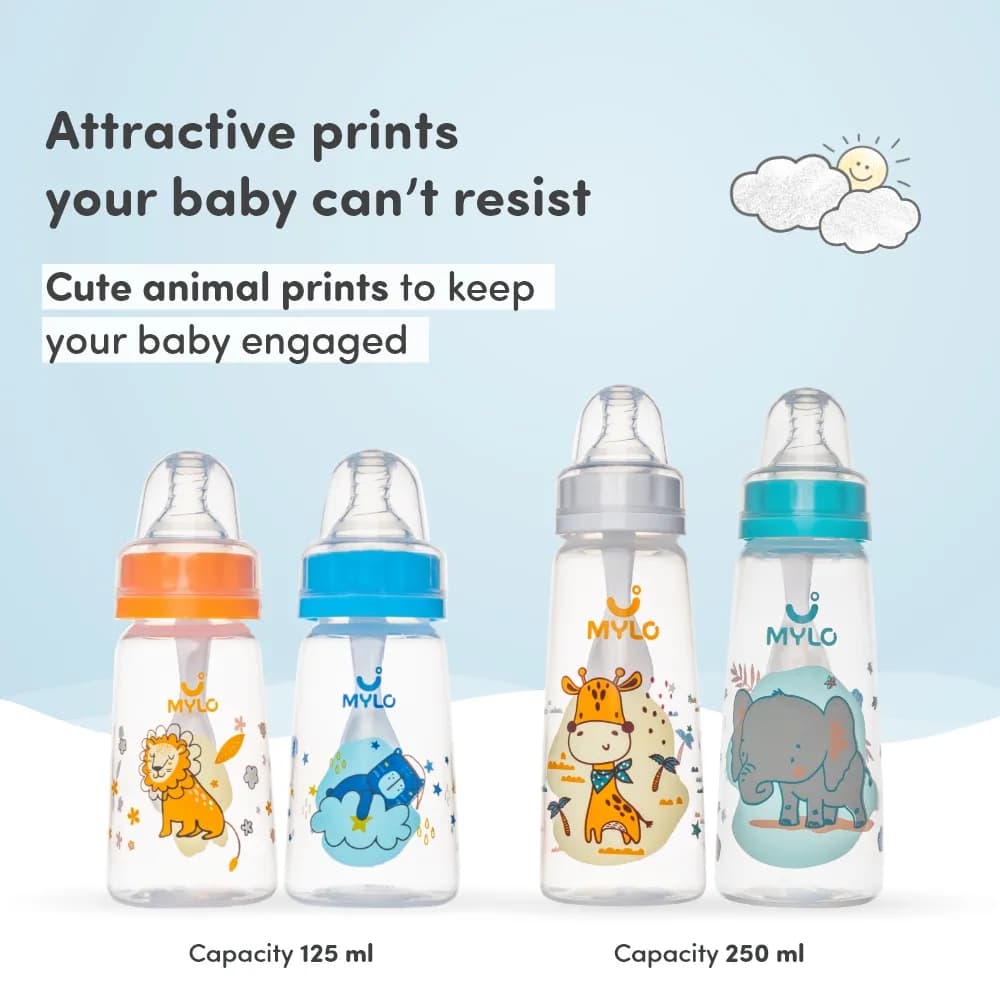 2-in-1 Baby Feeding Bottle | BPA Free with Anti-Colic Nipple & Spoon | Feels Natural Baby Bottle | Easy Flow Neck Design - Bear 125ml