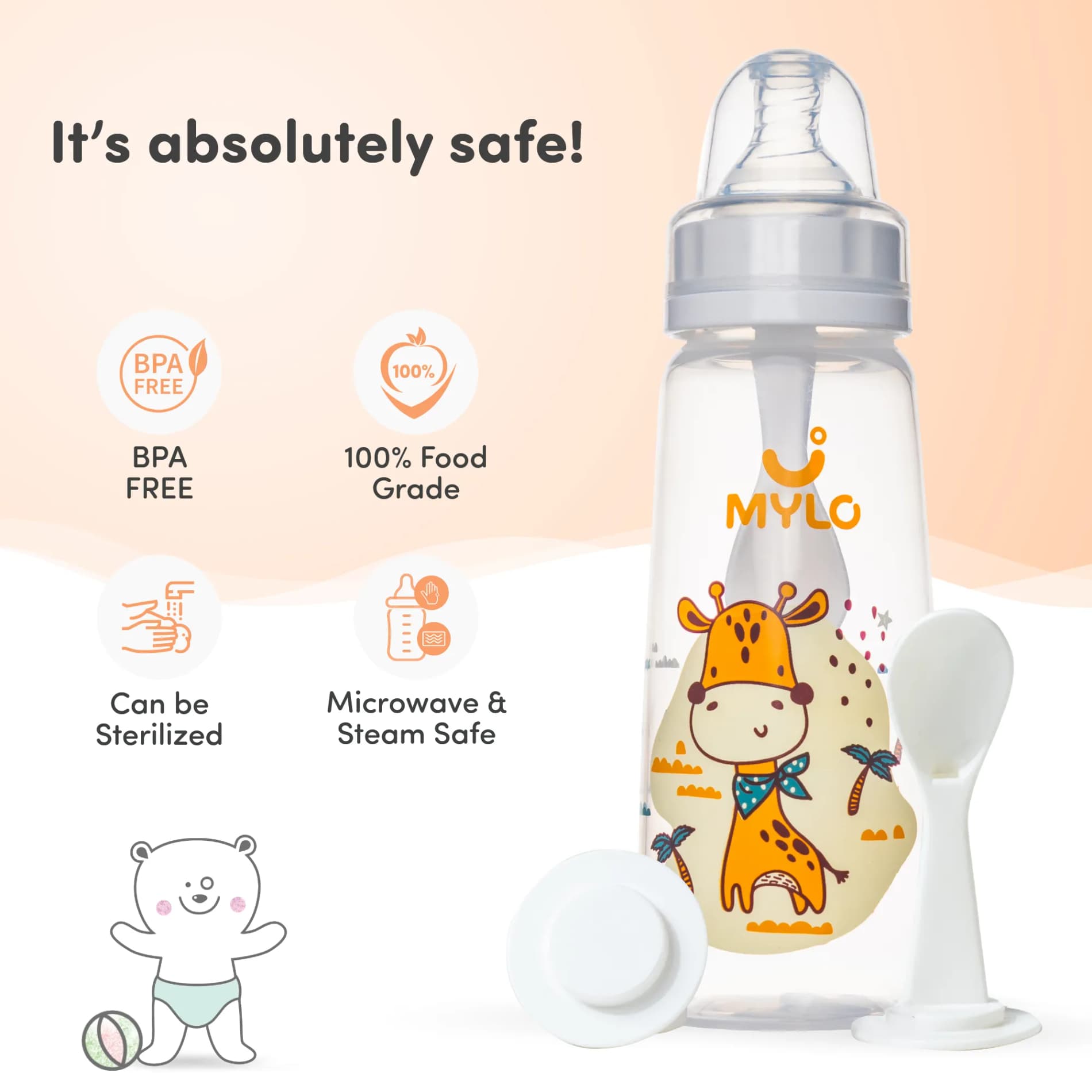 2-in-1 Baby Feeding Bottle | BPA Free with Anti-Colic Nipple & Spoon | Feels Natural Baby Bottle | Easy Flow Neck Design - Giraffe 250ml