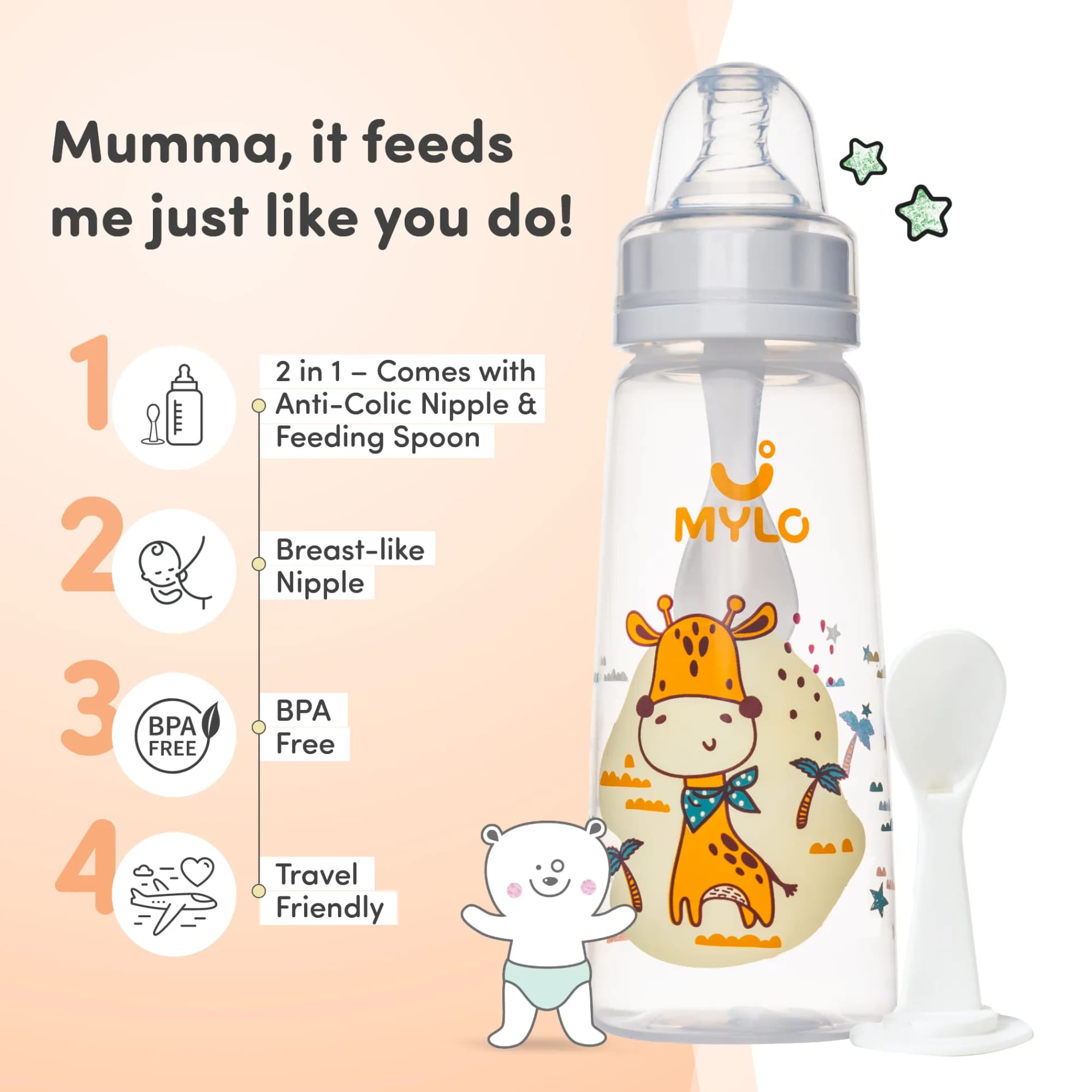 2-in-1 Baby Feeding Bottle | BPA Free with Anti-Colic Nipple & Spoon | Feels Natural Baby Bottle | Easy Flow Neck Design - Giraffe 250ml