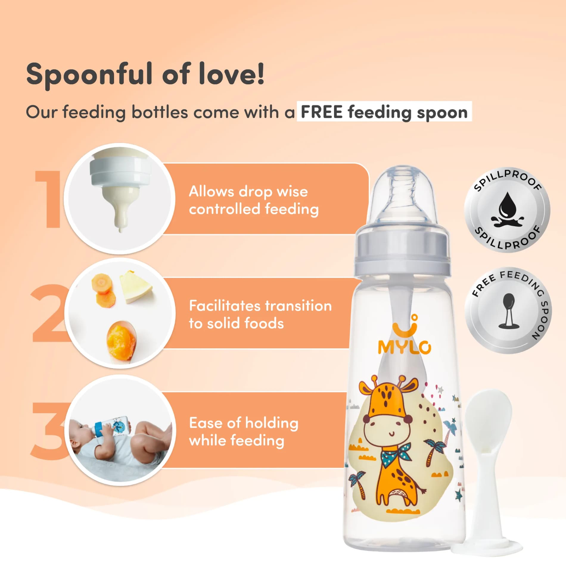 2-in-1 Baby Feeding Bottle | BPA Free with Anti-Colic Nipple & Spoon | Feels Natural Baby Bottle | Easy Flow Neck Design - Giraffe 250ml