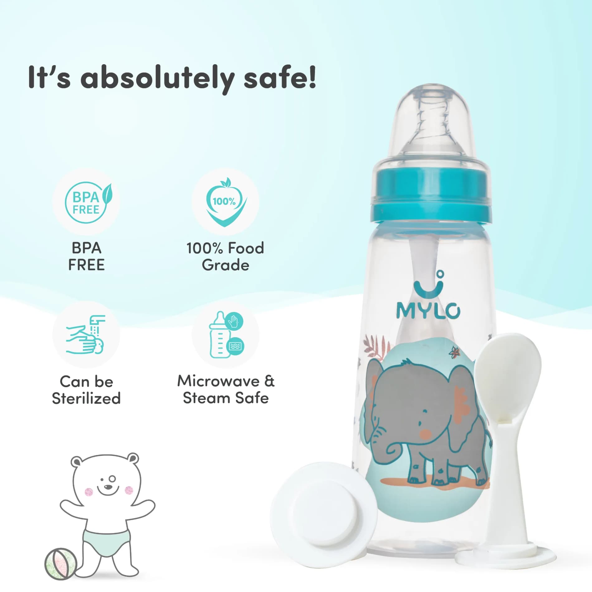 2-in-1 Baby Feeding Bottle | BPA Free with Anti-Colic Nipple & Spoon | Feels Natural Baby Bottle | Easy Flow Neck Design - Elephant 250ml