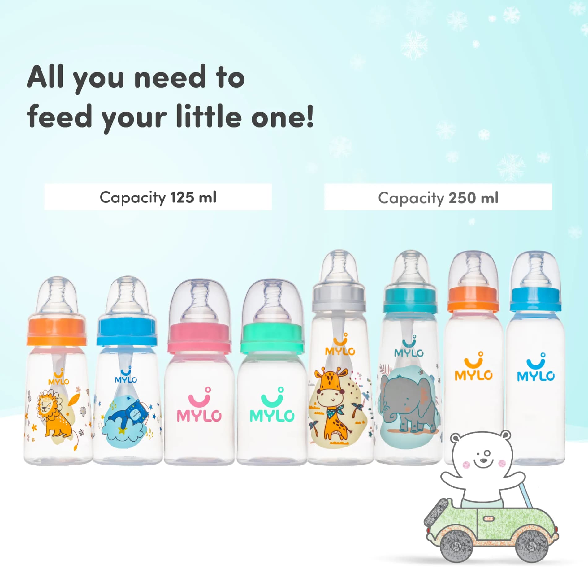 2-in-1 Baby Feeding Bottle | BPA Free with Anti-Colic Nipple & Spoon | Feels Natural Baby Bottle | Easy Flow Neck Design - Elephant 250ml