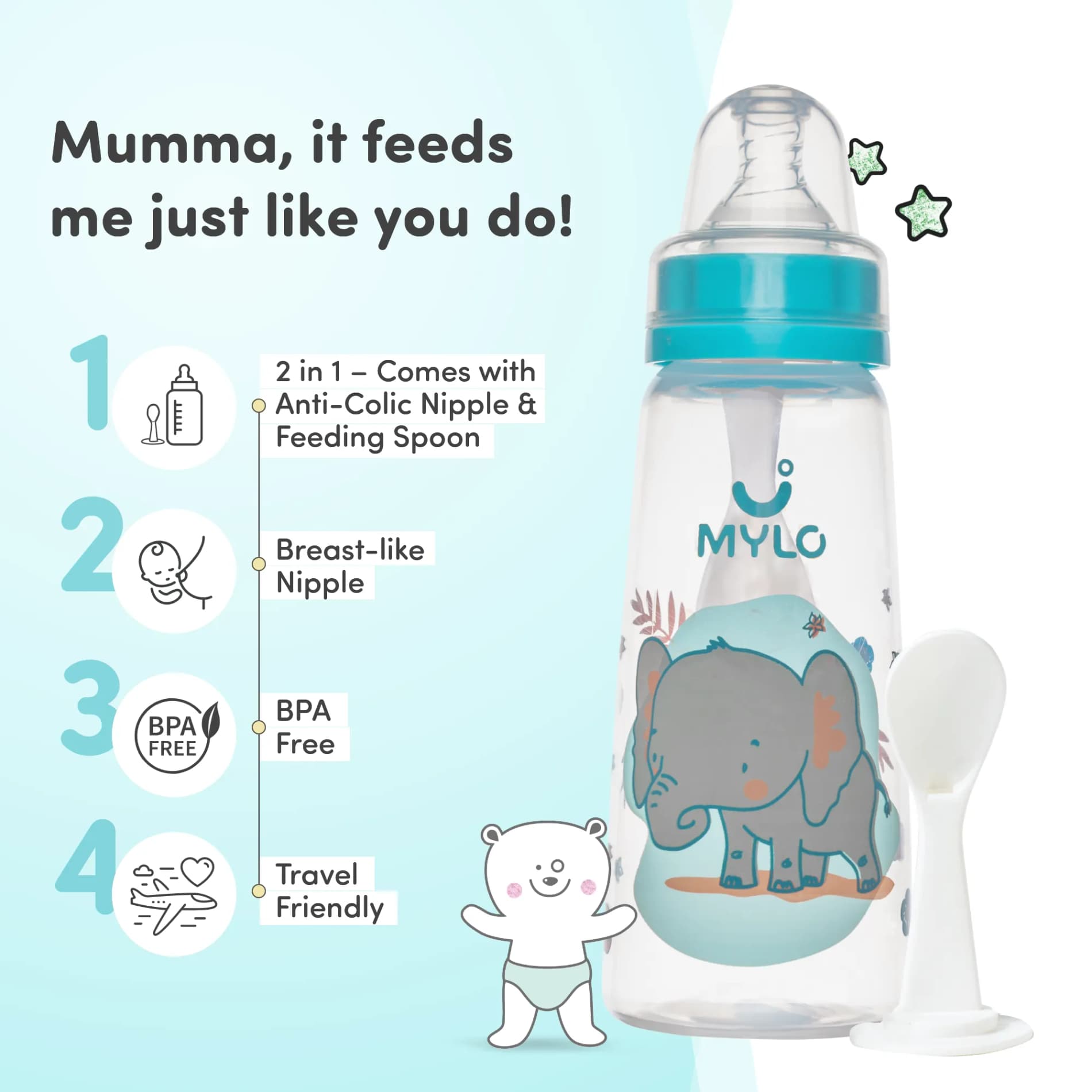 2-in-1 Baby Feeding Bottle | BPA Free with Anti-Colic Nipple & Spoon | Feels Natural Baby Bottle | Easy Flow Neck Design - Elephant 250ml