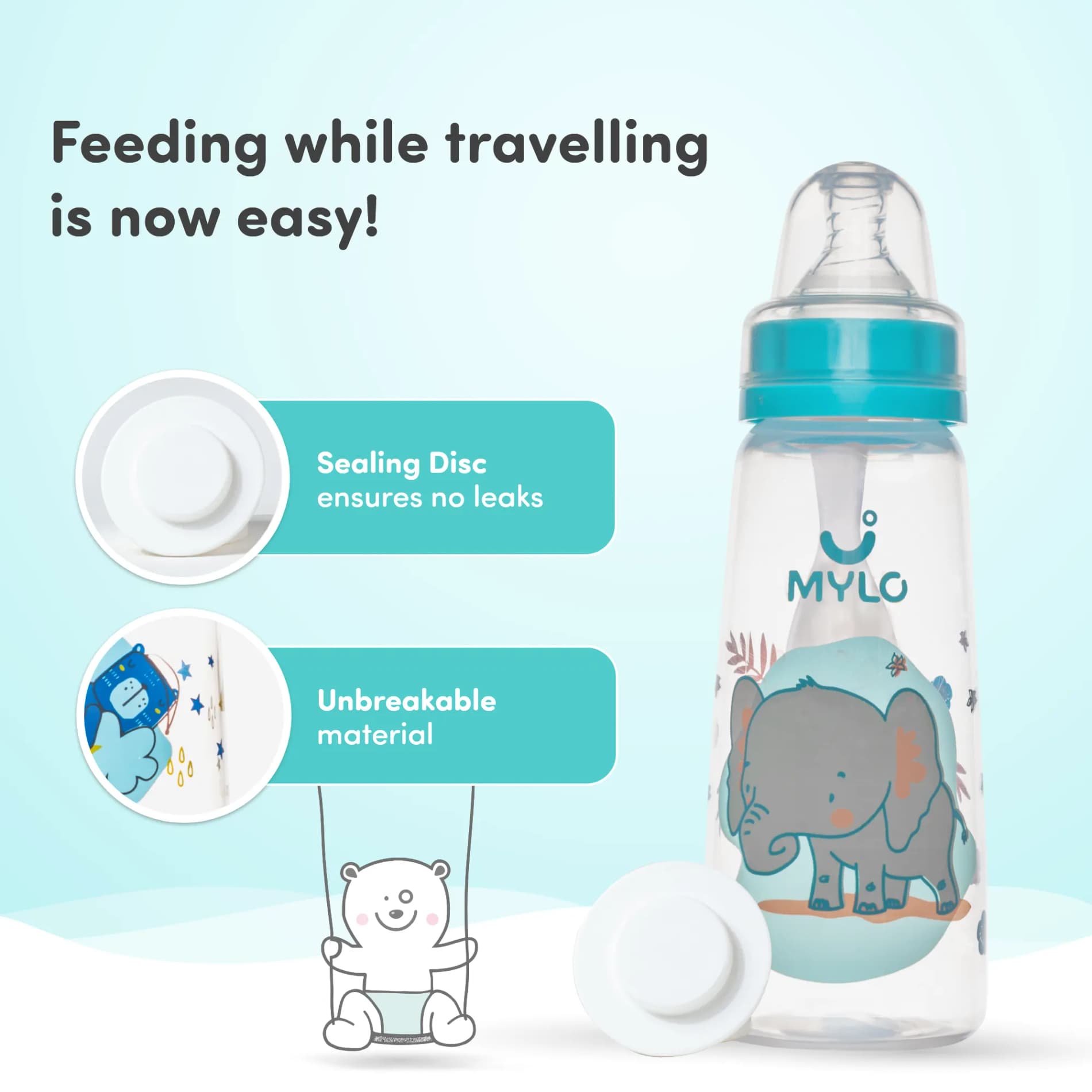 2-in-1 Baby Feeding Bottle | BPA Free with Anti-Colic Nipple & Spoon | Feels Natural Baby Bottle | Easy Flow Neck Design - Elephant 250ml