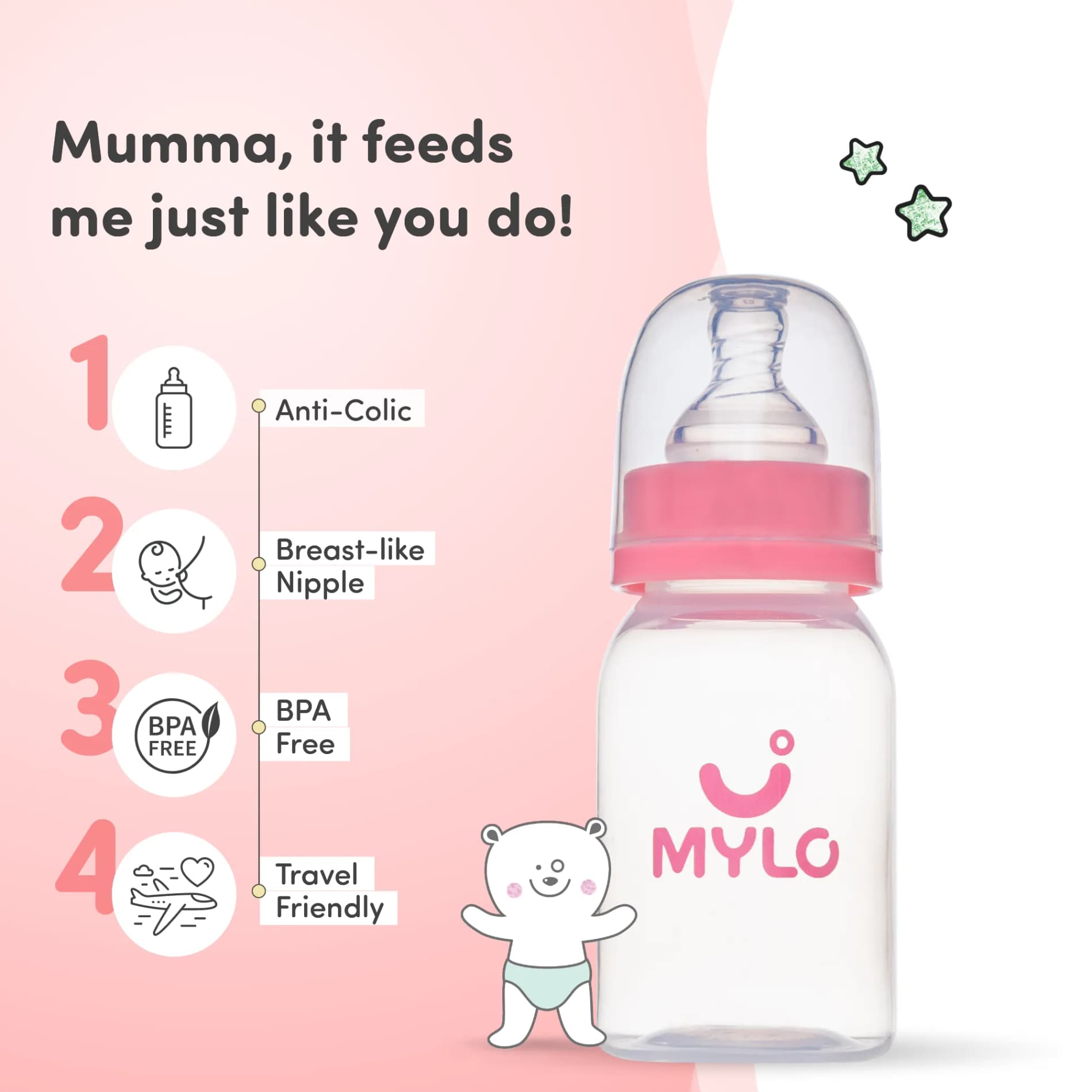 2-in-1 Baby Feeding Sipper Bottle | BPA Free with Anti-Colic Nipple | Feels Natural Baby Bottle | Easy Flow Neck Design - Pink 125ml