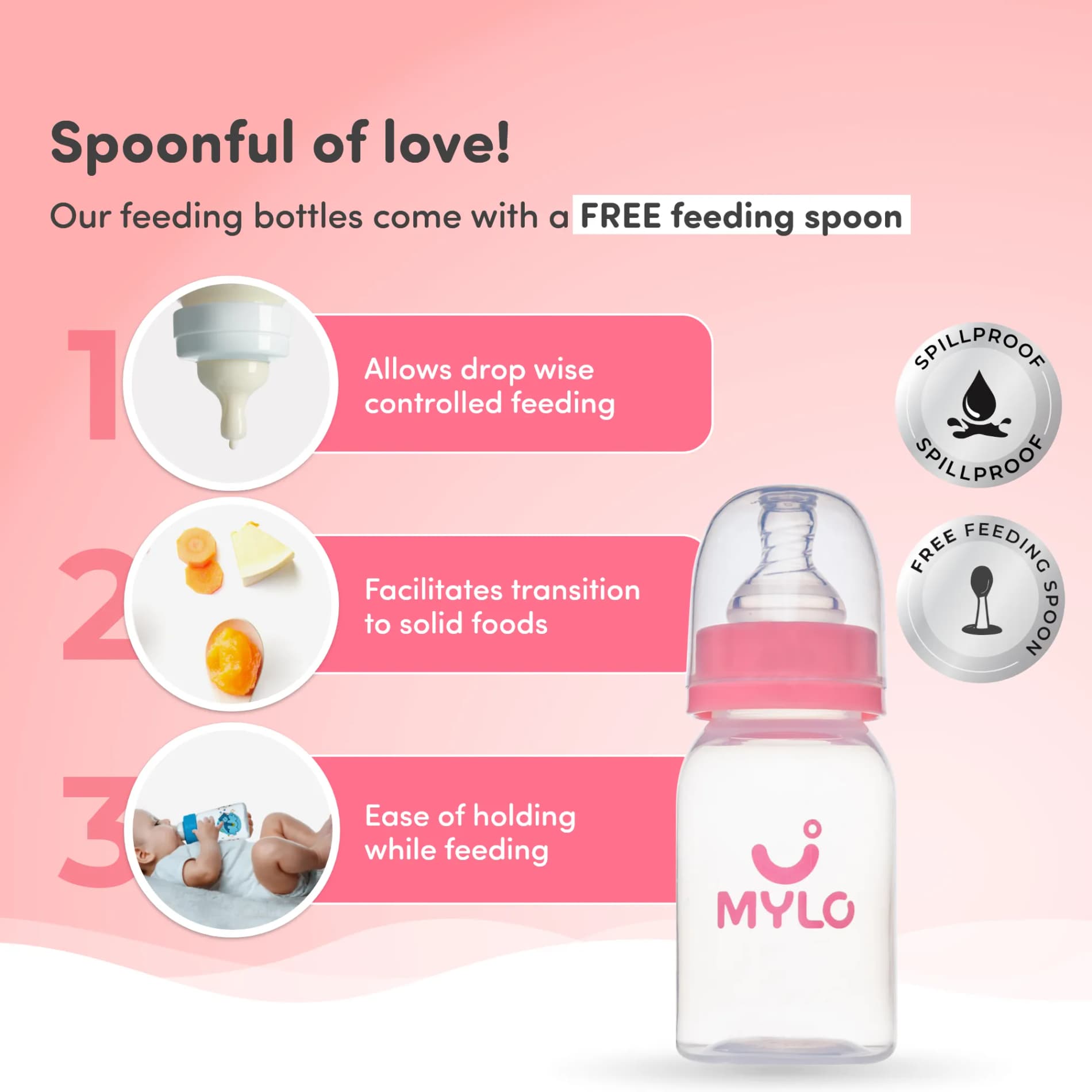 2-in-1 Baby Feeding Sipper Bottle | BPA Free with Anti-Colic Nipple | Feels Natural Baby Bottle | Easy Flow Neck Design - Pink 125ml