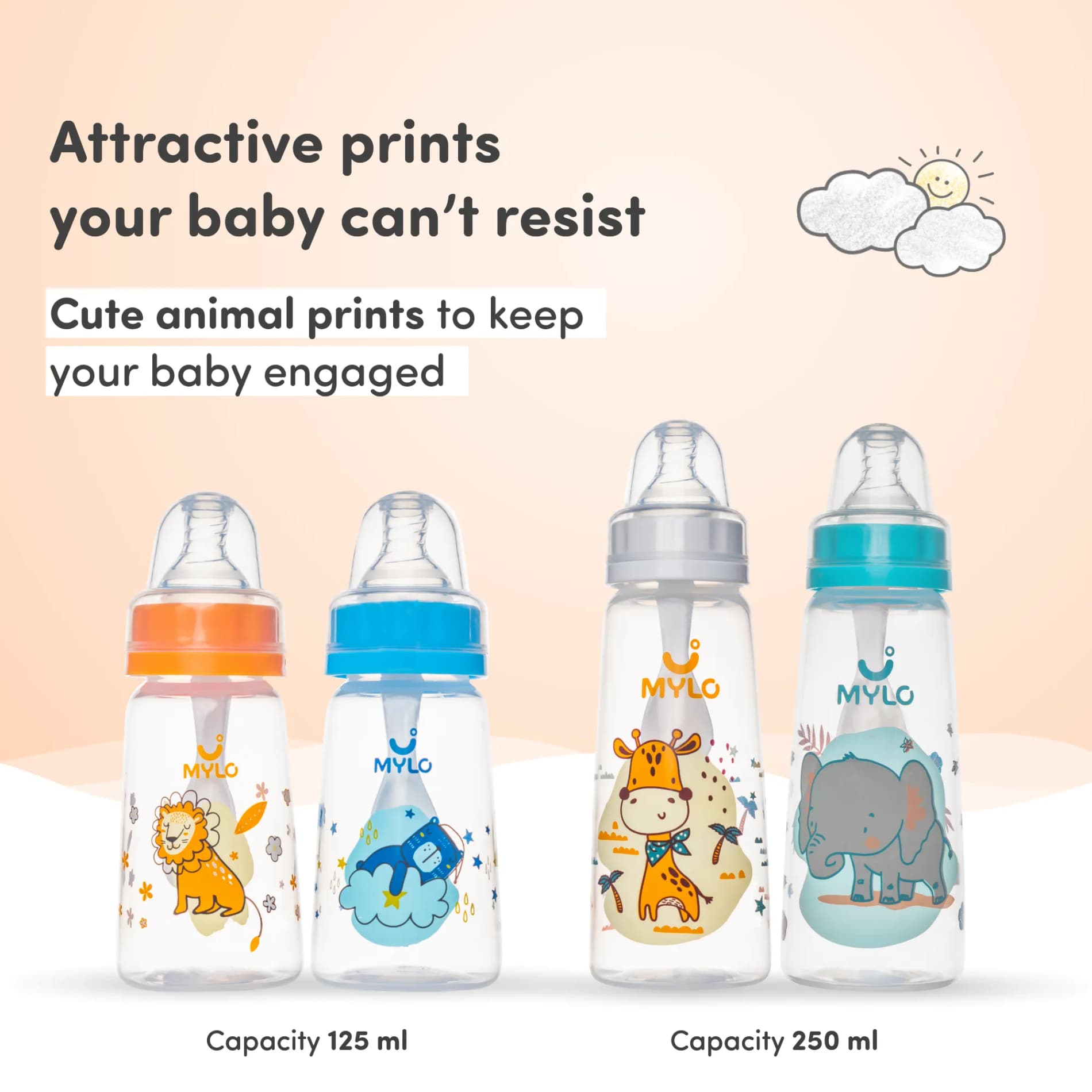 Baby Feeding Sipper Bottle | BPA Free with Anti-Colic Nipple | Feels Natural Baby Bottle | Easy Flow Neck Design - Orange 250ml