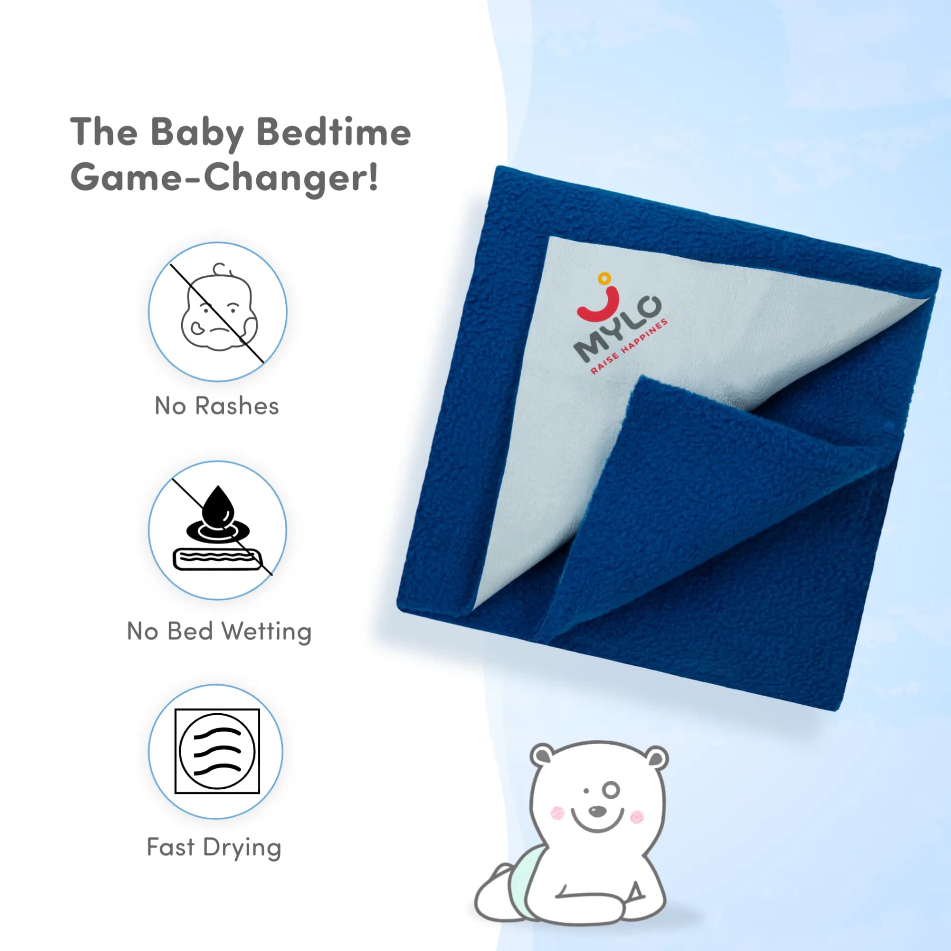 Waterproof Extra Absorbent Baby Dry Sheet & Bed Protector | Guards Against Spills, Stains & Nappy Leaks | Foldable & Portable - Cobalt - M