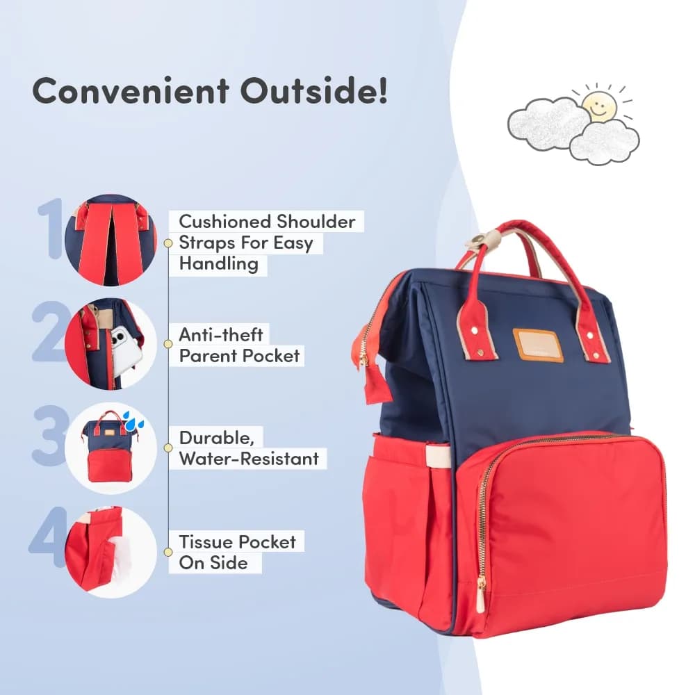 Baby Diaper Bag With Dry/Wet Pockets | Multifunctional 12 Pocket Stylish Diaper Bag Backpack | Water-Resistant | Free Diaper Pouch - Navy & Red