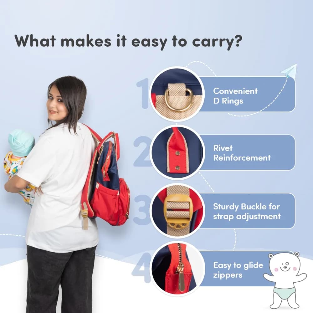 Baby Diaper Bag With Dry/Wet Pockets | Multifunctional 12 Pocket Stylish Diaper Bag Backpack | Water-Resistant | Free Diaper Pouch - Navy & Red