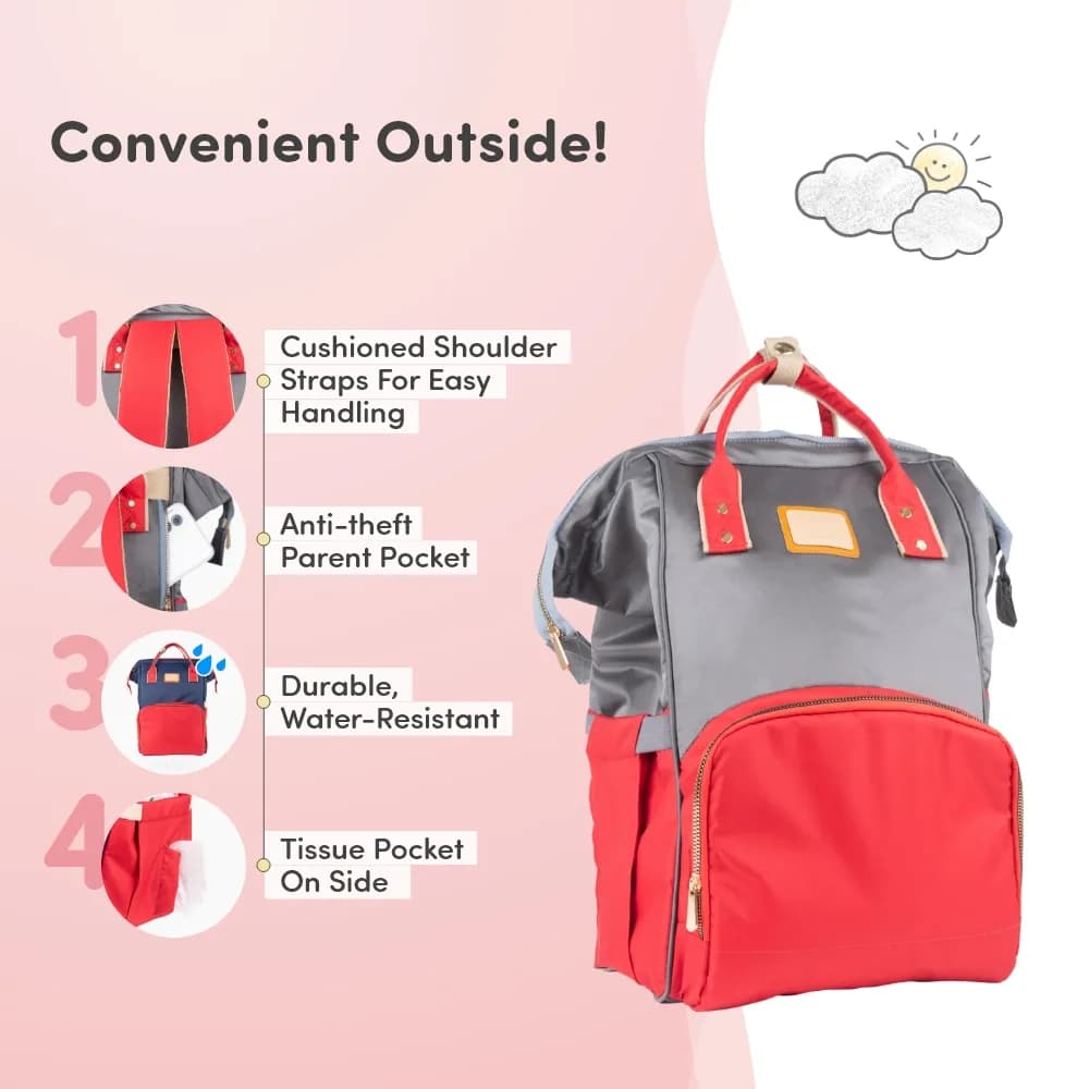 Baby Diaper Bag With Dry/Wet Pockets | Multifunctional 12 Pocket Stylish Diaper Bag Backpack | Water-Resistant | Free Diaper Pouch - Grey & Red