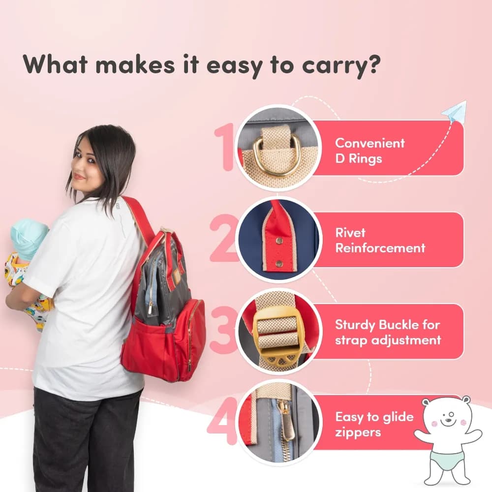 Baby Diaper Bag With Dry/Wet Pockets | Multifunctional 12 Pocket Stylish Diaper Bag Backpack | Water-Resistant | Free Diaper Pouch - Grey & Red