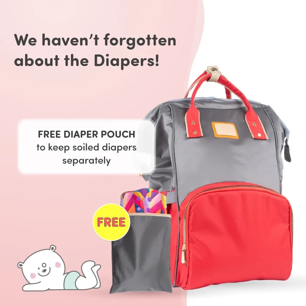 Baby Diaper Bag With Dry/Wet Pockets | Multifunctional 12 Pocket Stylish Diaper Bag Backpack | Water-Resistant | Free Diaper Pouch - Grey & Red