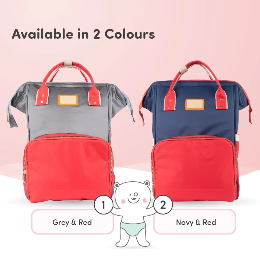 Baby Diaper Bag With Dry/Wet Pockets | Multifunctional 12 Pocket Stylish Diaper Bag Backpack | Water-Resistant | Free Diaper Pouch - Grey & Red
