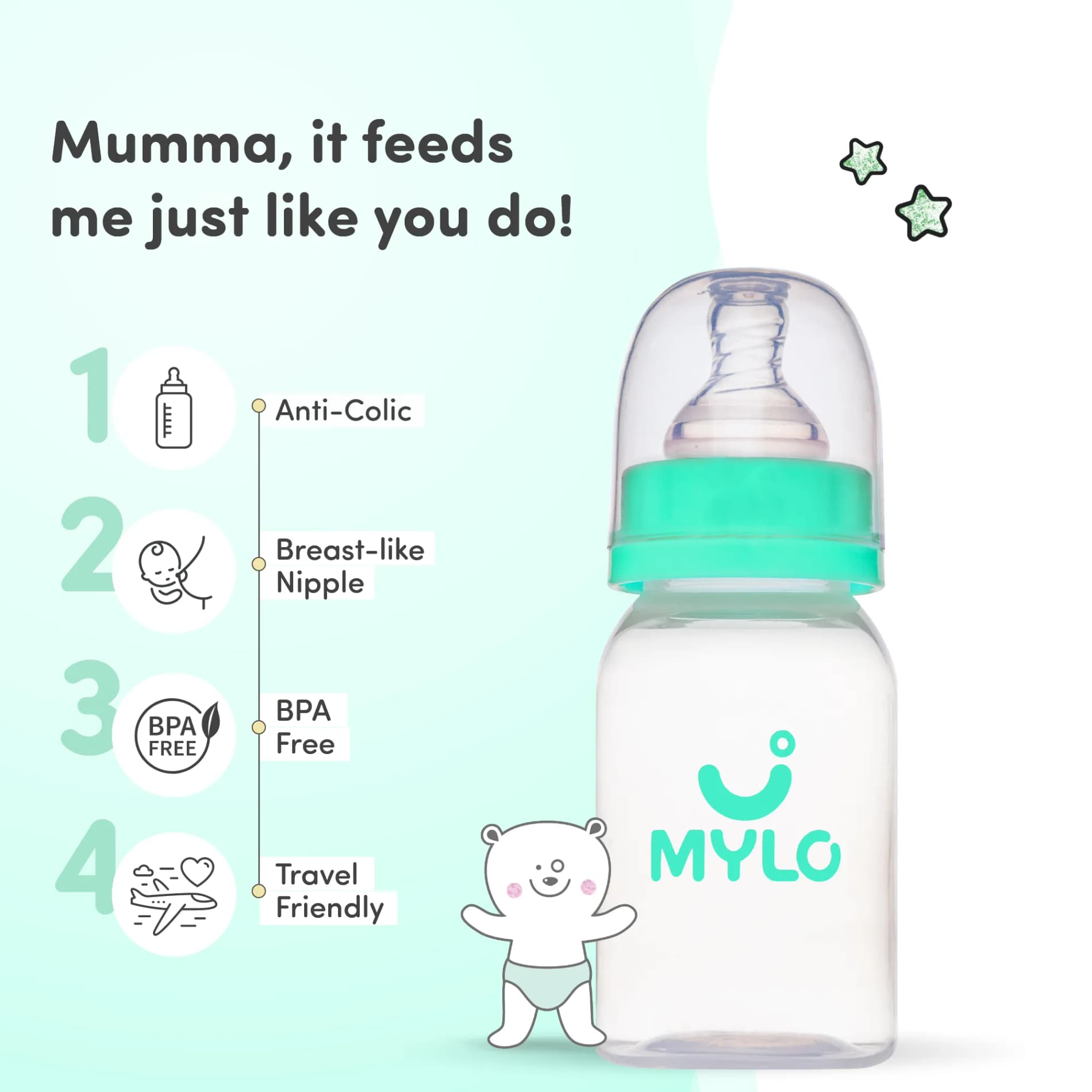 2-in-1 Baby Feeding Sipper Bottle | BPA Free with Anti-Colic Nipple | Feels Natural Baby Bottle | Easy Flow Neck Design - Green 125ml