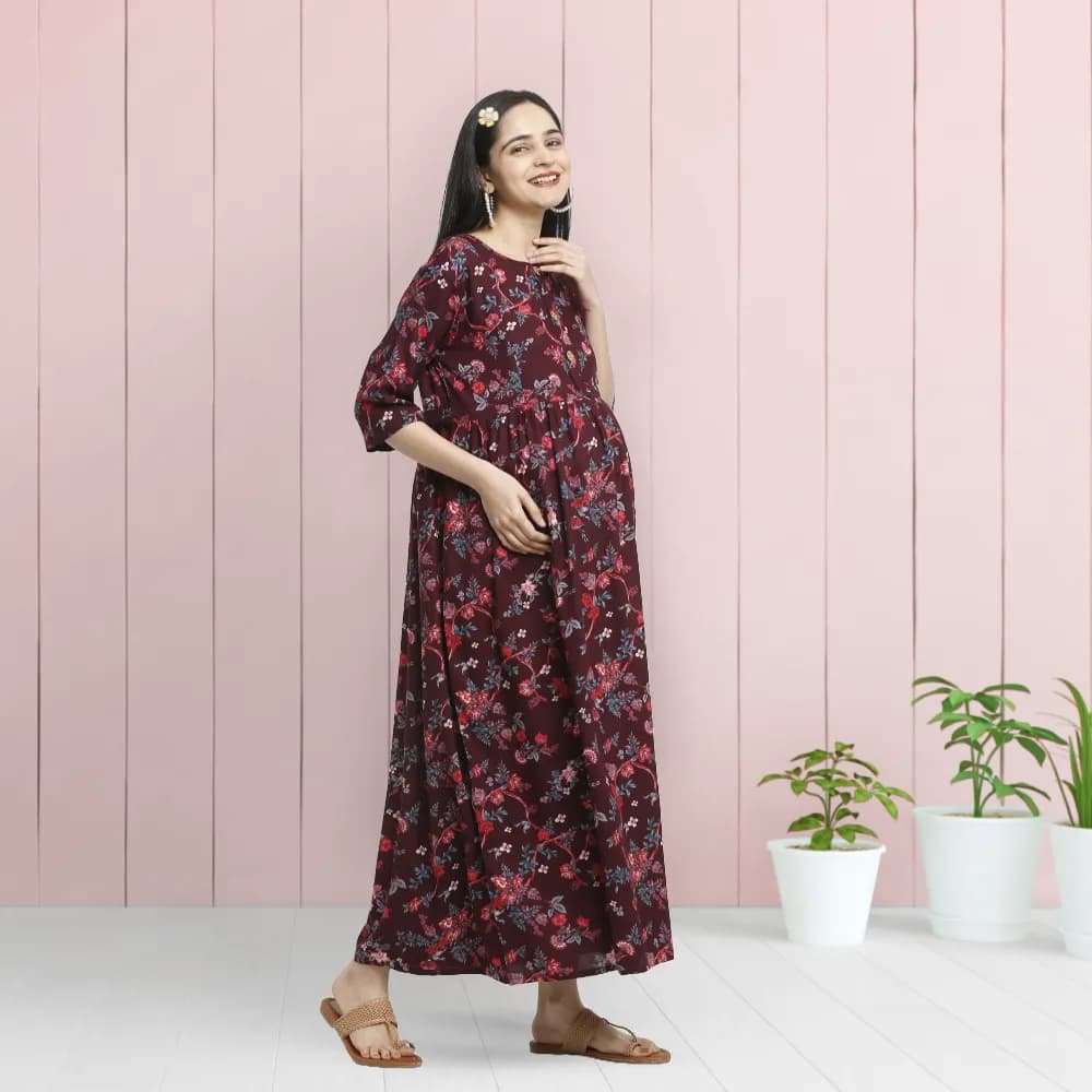 Maternity Dress - M - Garden Flowers - Wine