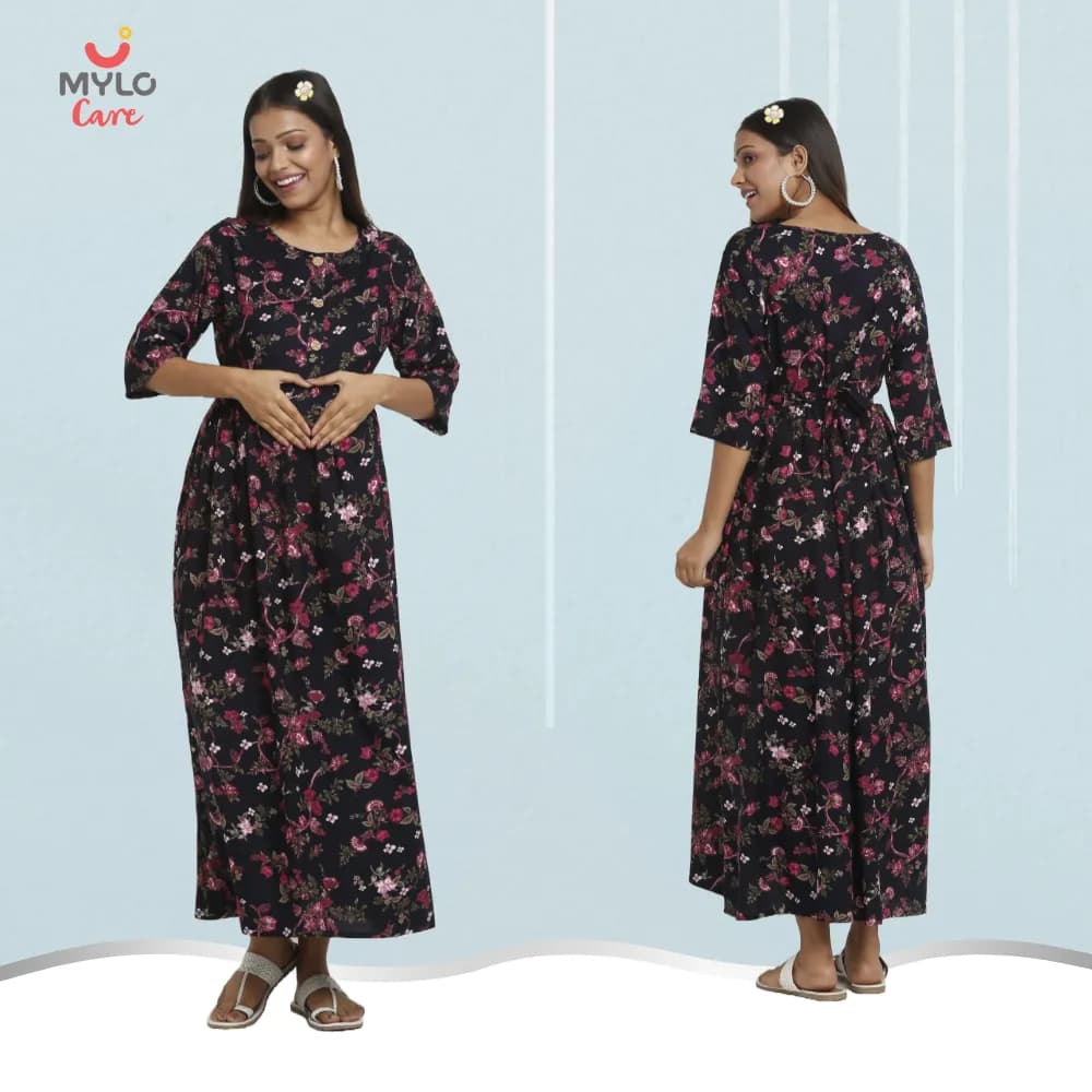 Maternity Dresses For Women with Both Side Zipper For Easy Feeding | Adjustable Belt for Growing Belly | Maxi Dress | Garden Flowers | L