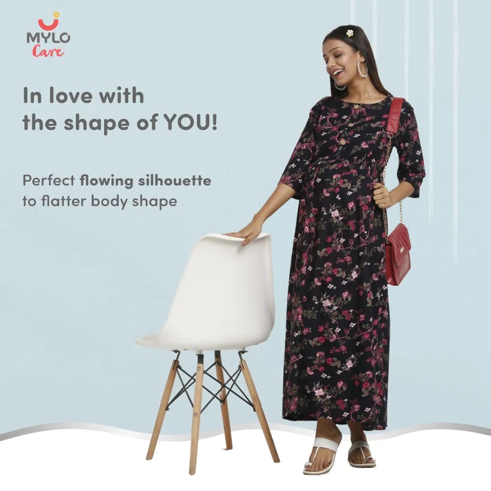 Maternity Dresses For Women with Both Side Zipper For Easy Feeding | Adjustable Belt for Growing Belly | Maxi Dress | Garden Flowers | L