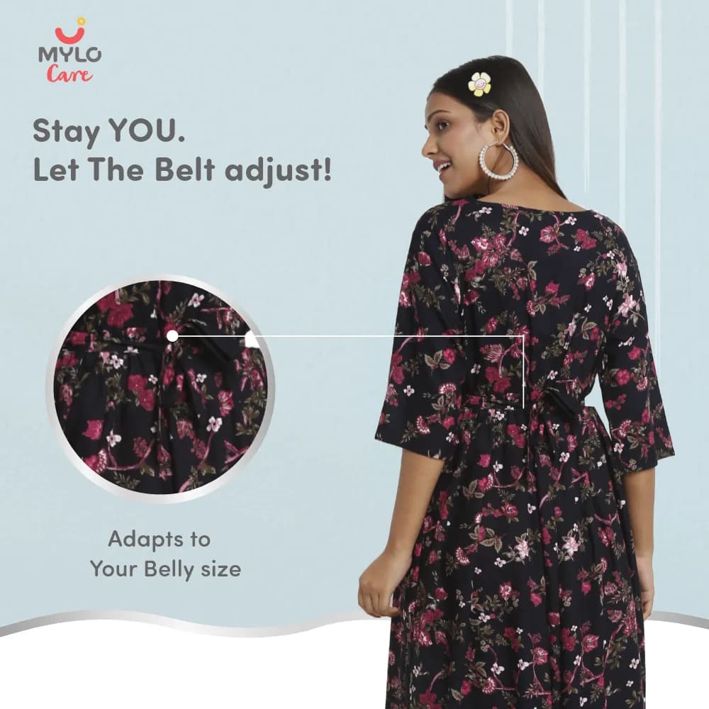 Maternity Dresses For Women with Both Side Zipper For Easy Feeding | Adjustable Belt for Growing Belly | Maxi Dress | Garden Flowers | L