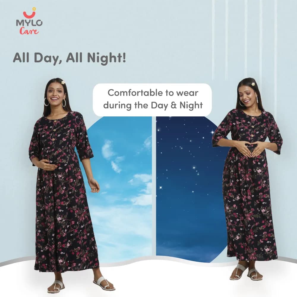 Maternity Dresses For Women with Both Side Zipper For Easy Feeding | Adjustable Belt for Growing Belly | Maxi Dress | Garden Flowers | L