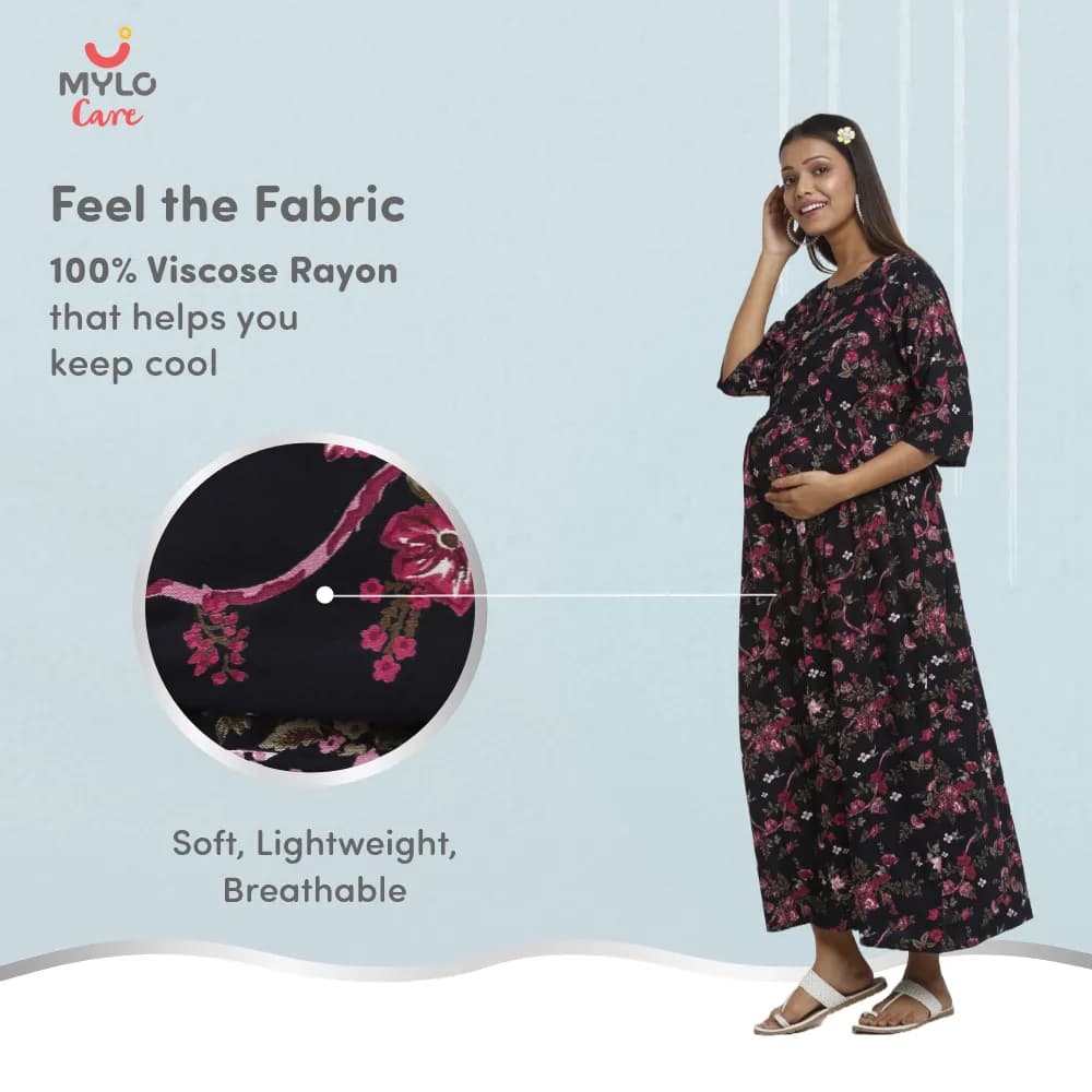 Maternity Dresses For Women with Both Side Zipper For Easy Feeding | Adjustable Belt for Growing Belly | Maxi Dress | Garden Flowers | L