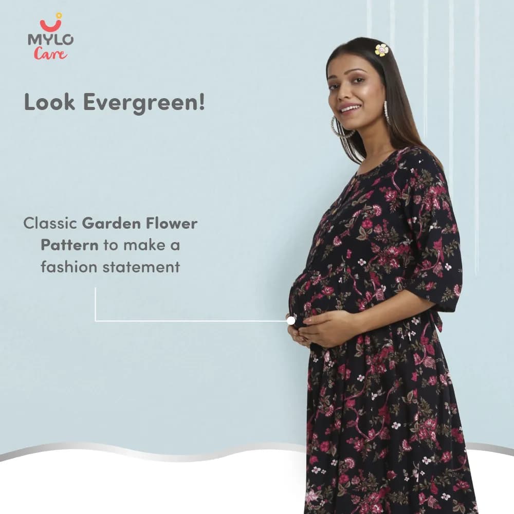 Maternity Dresses For Women with Both Side Zipper For Easy Feeding | Adjustable Belt for Growing Belly | Maxi Dress | Garden Flowers | L