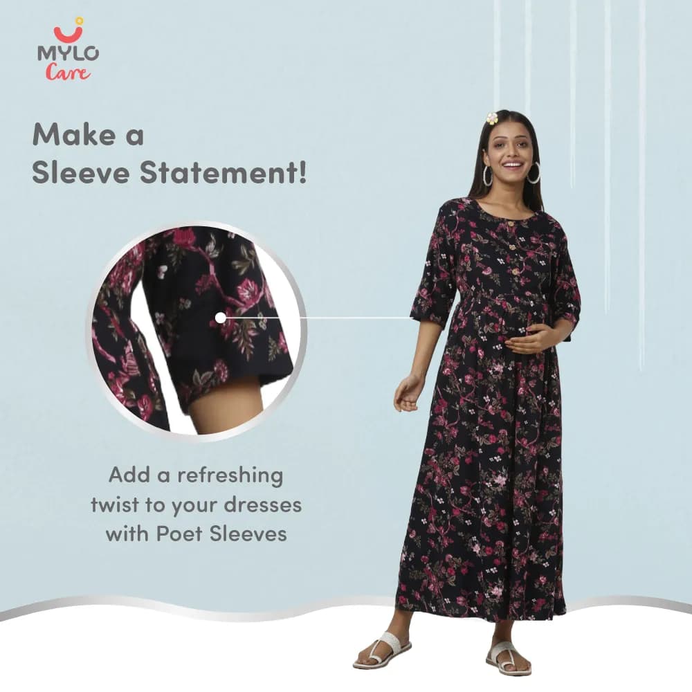 Maternity Dresses For Women with Both Side Zipper For Easy Feeding | Adjustable Belt for Growing Belly | Maxi Dress | Garden Flowers | L