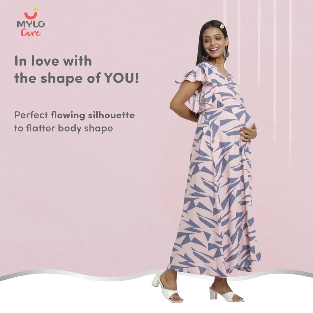 Maternity Dresses For Women with Both Side Zipper For Easy Feeding | Adjustable Belt for Growing Belly | Maxi Dress | Geometric - Pink | M