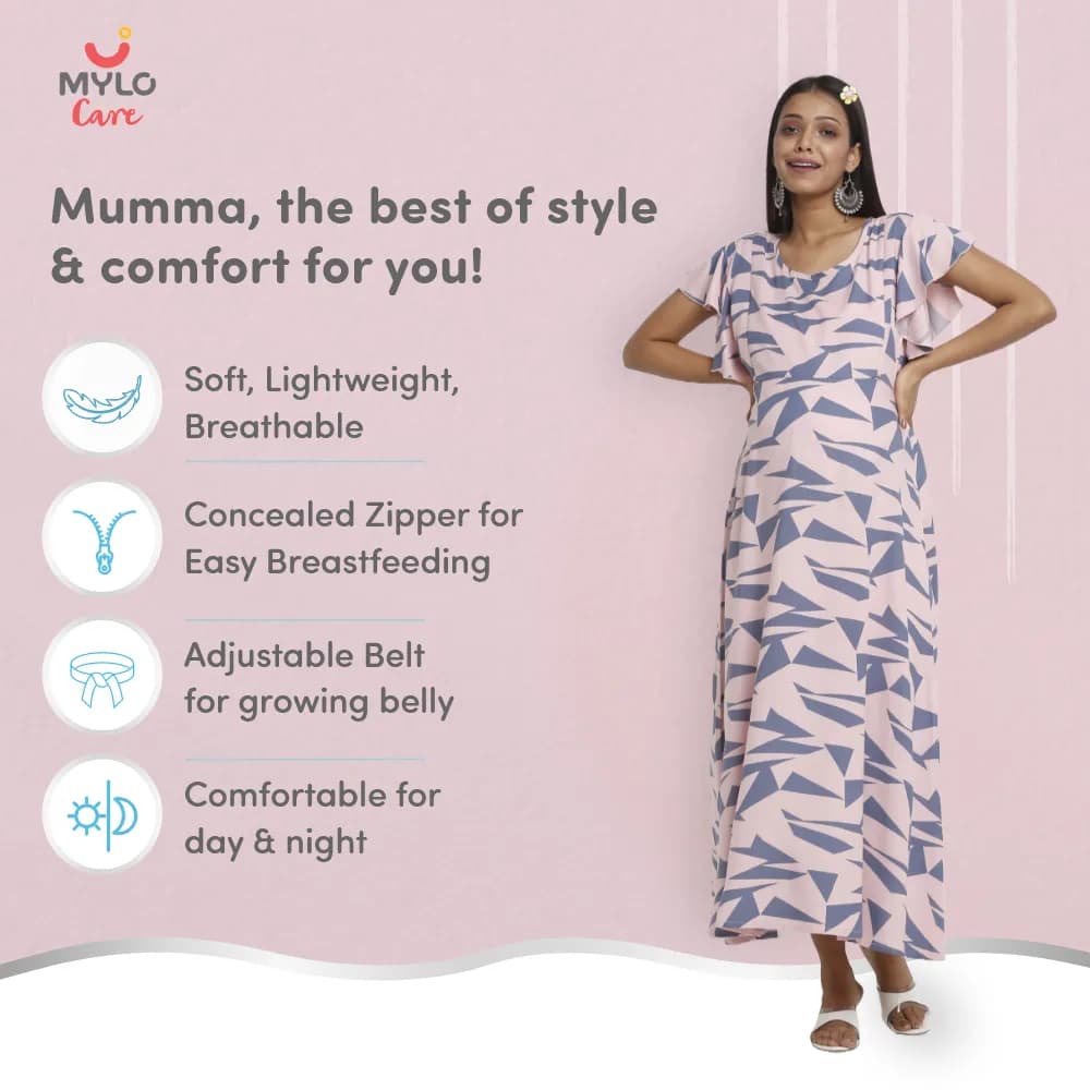 Maternity Dresses For Women with Both Side Zipper For Easy Feeding | Adjustable Belt for Growing Belly | Maxi Dress | Geometric - Pink | M
