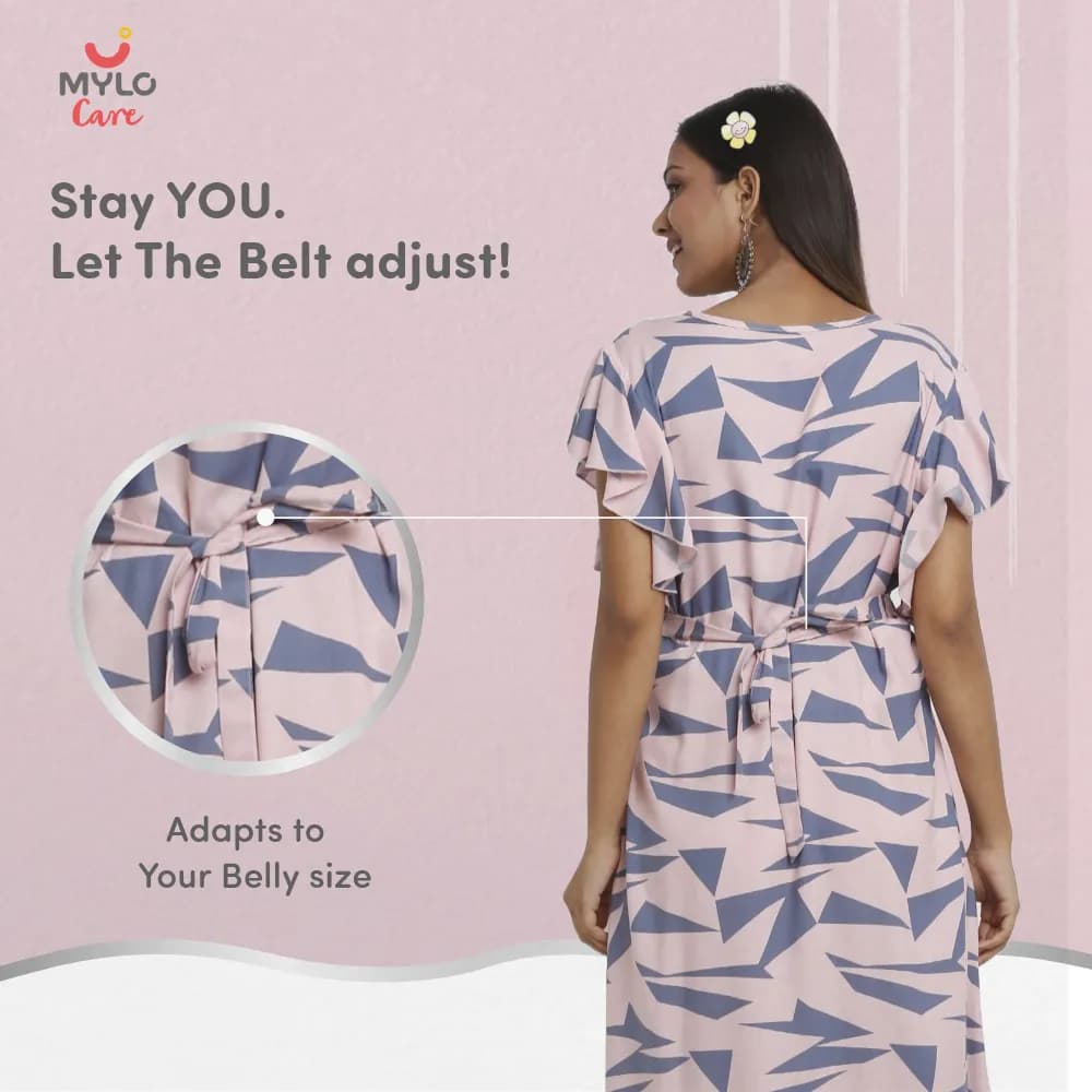 Maternity Dresses For Women with Both Side Zipper For Easy Feeding | Adjustable Belt for Growing Belly | Maxi Dress | Geometric - Pink | M
