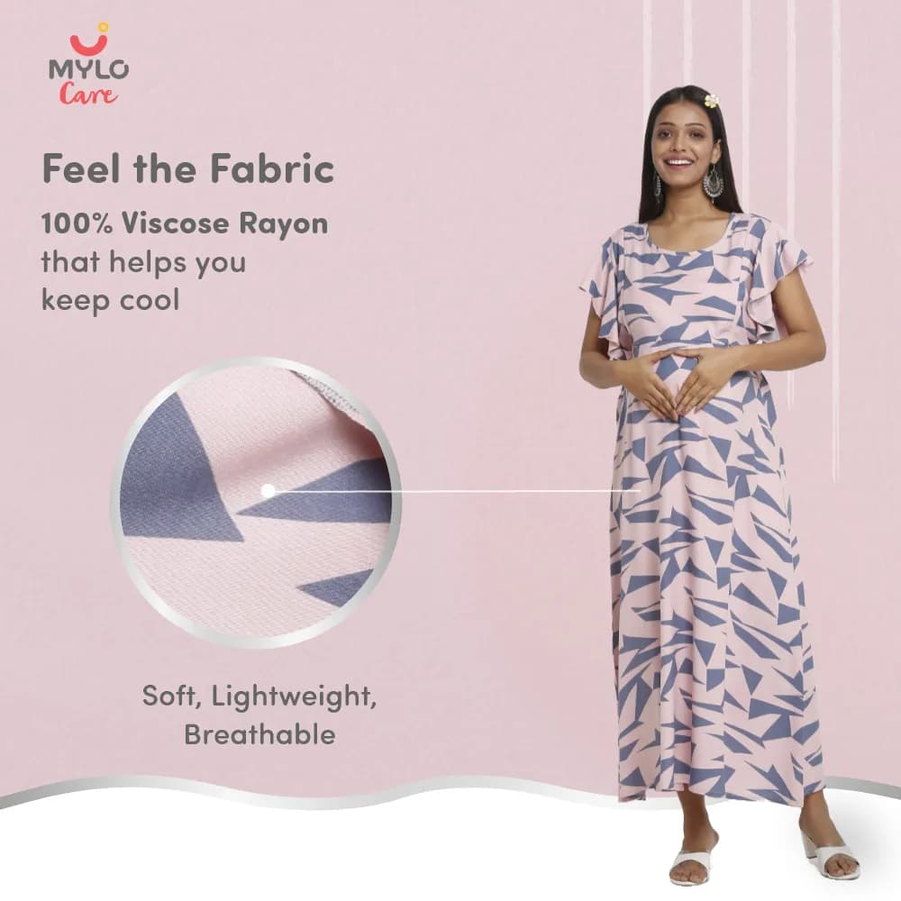 Maternity Dresses For Women with Both Side Zipper For Easy Feeding | Adjustable Belt for Growing Belly | Maxi Dress | Geometric - Pink | M