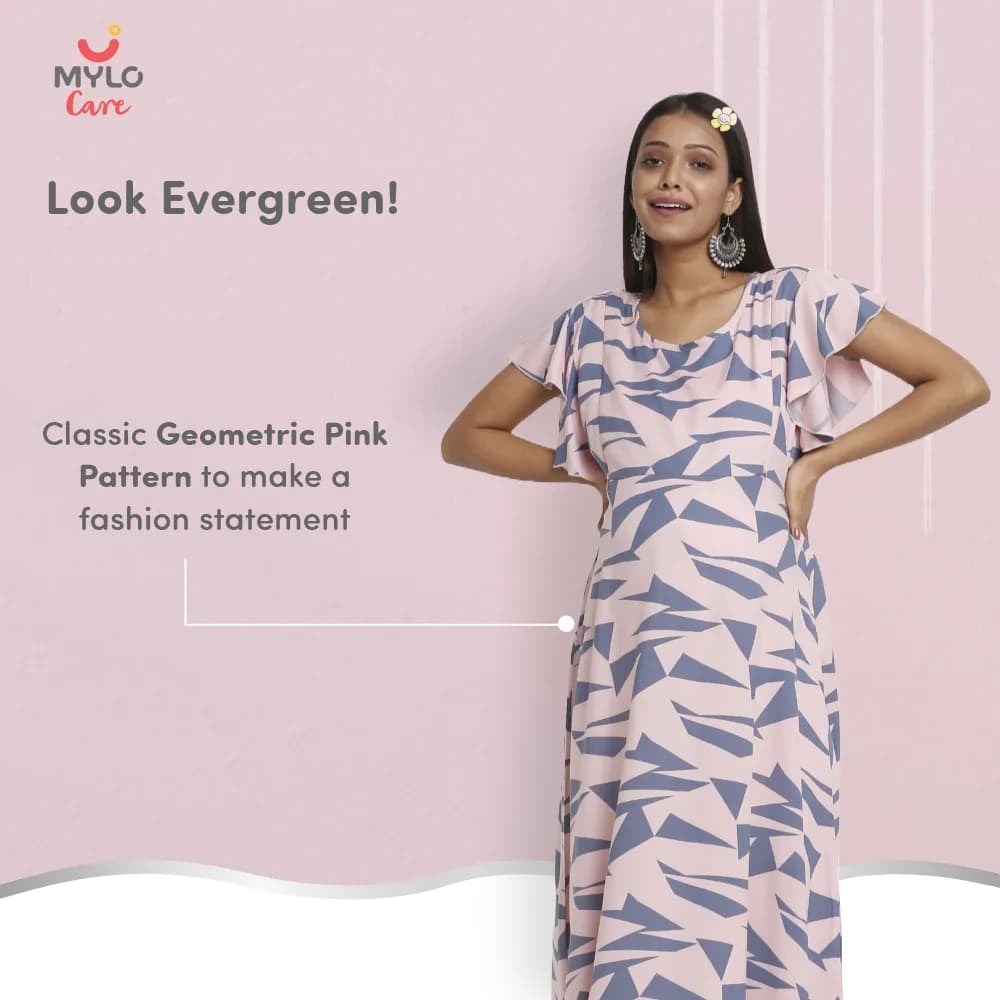 Maternity Dresses For Women with Both Side Zipper For Easy Feeding | Adjustable Belt for Growing Belly | Maxi Dress | Geometric - Pink | M