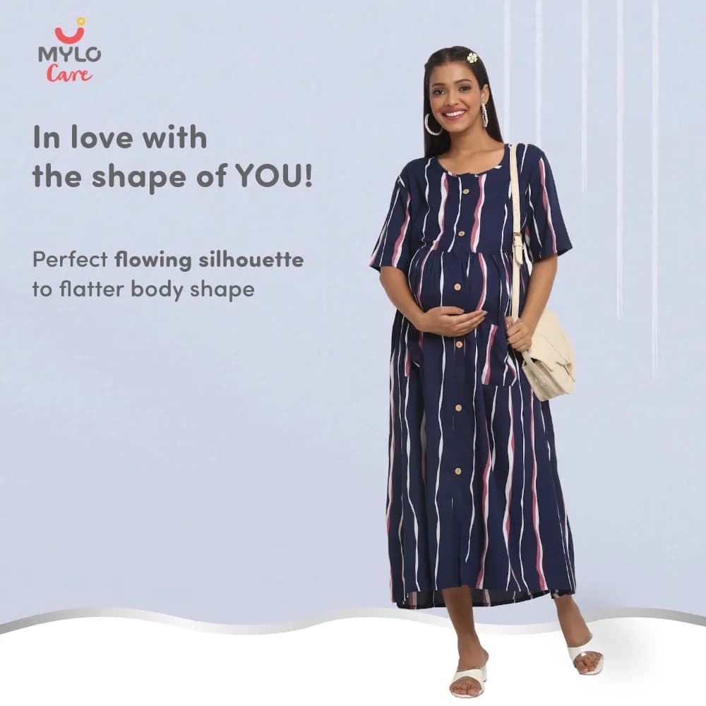 Maternity Dress - L - Stripes - Dark Blue