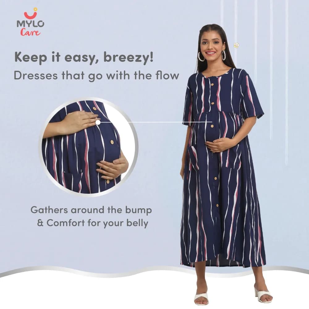Maternity Dress - L - Stripes - Dark Blue