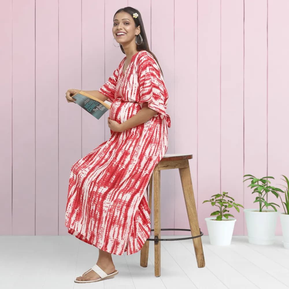 Maternity Dresses For Women with Both Side Zipper For Easy Feeding | Adjustable Belt for Growing Belly | Kaftan Dress | Shibori Print - Fuchsia | M