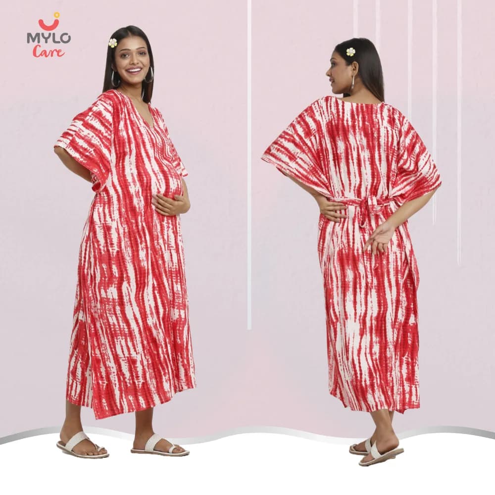 Maternity Dresses For Women with Both Side Zipper For Easy Feeding | Adjustable Belt for Growing Belly | Kaftan Dress | Shibori Print - Fuchsia | M