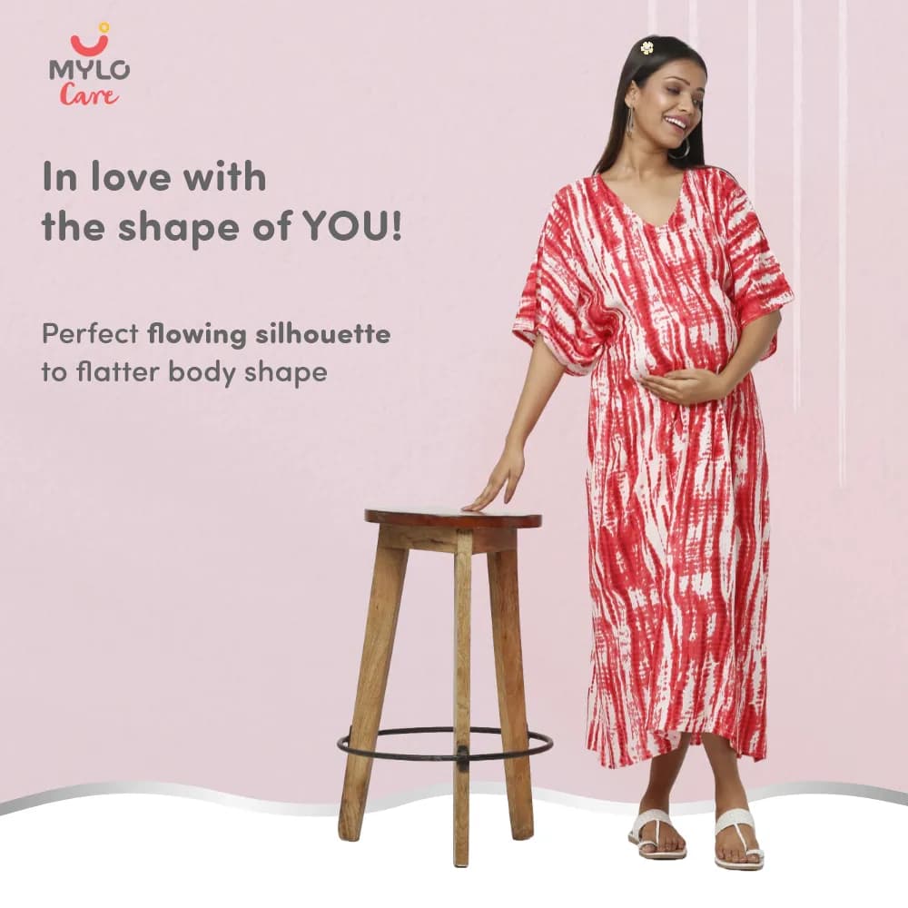 Maternity Dresses For Women with Both Side Zipper For Easy Feeding | Adjustable Belt for Growing Belly | Kaftan Dress | Shibori Print - Fuchsia | M